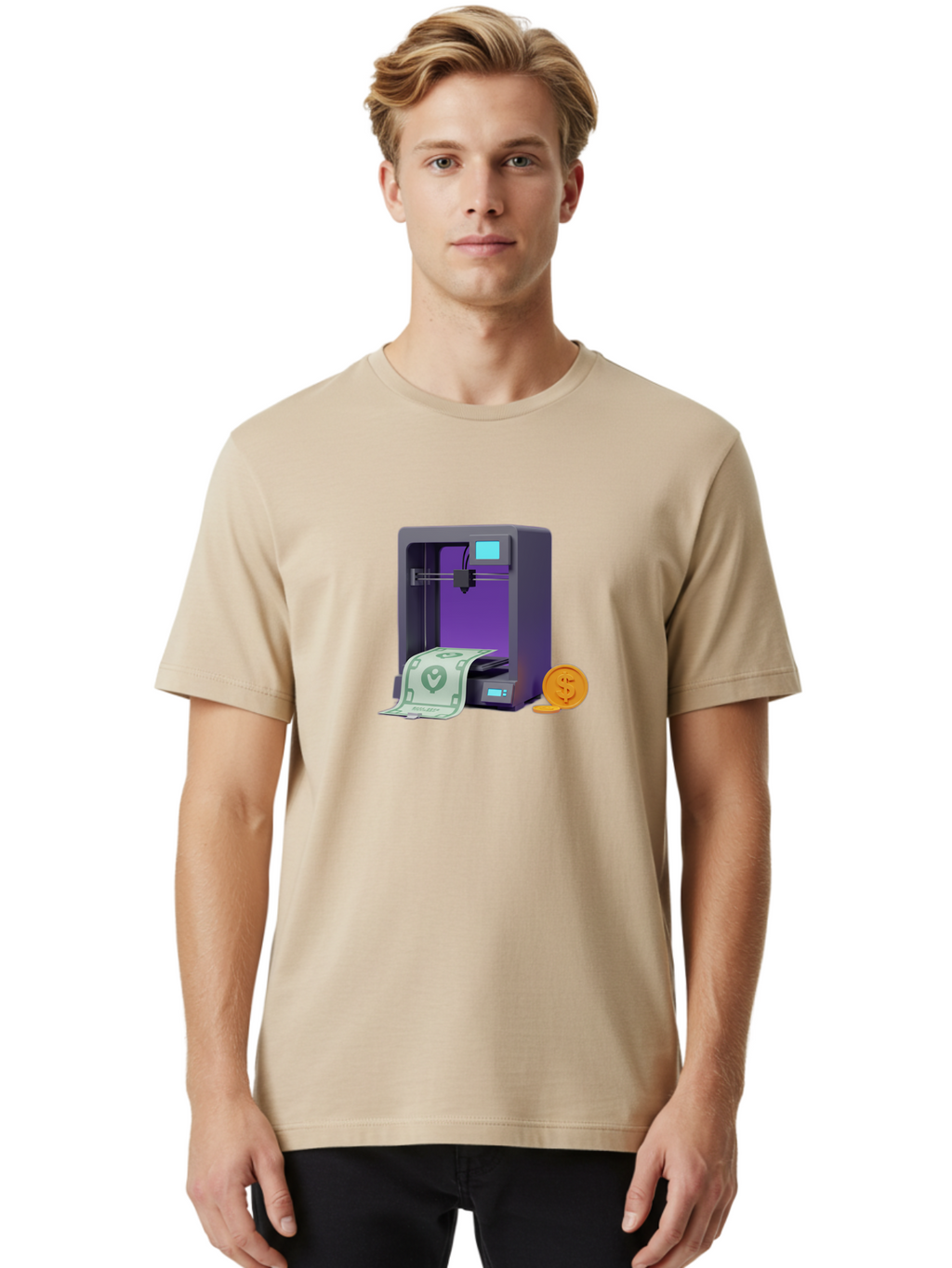 3D-Printer-37 Men'S Graphic Tee, 100% Cotton, Comfortable Casual Summer Wear, Machine Washable, 3D Printing Technology, Money Printing, Dollar Bill, Coins, Financial Gain, Innovative Machinery, Futuristic Design, Cash Generation Baa032