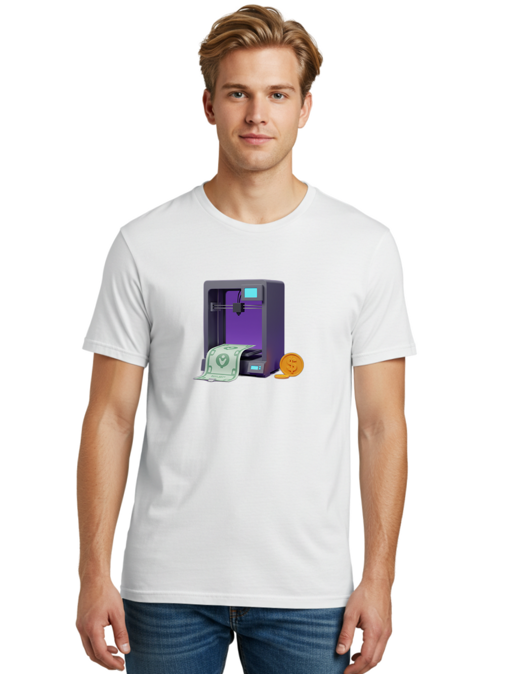 3D-Printer-37 Men'S Graphic Tee, 100% Cotton, Comfortable Casual Summer Wear, Machine Washable, 3D Printing Technology, Money Printing, Dollar Bill, Coins, Financial Gain, Innovative Machinery, Futuristic Design, Cash Generation Baa032