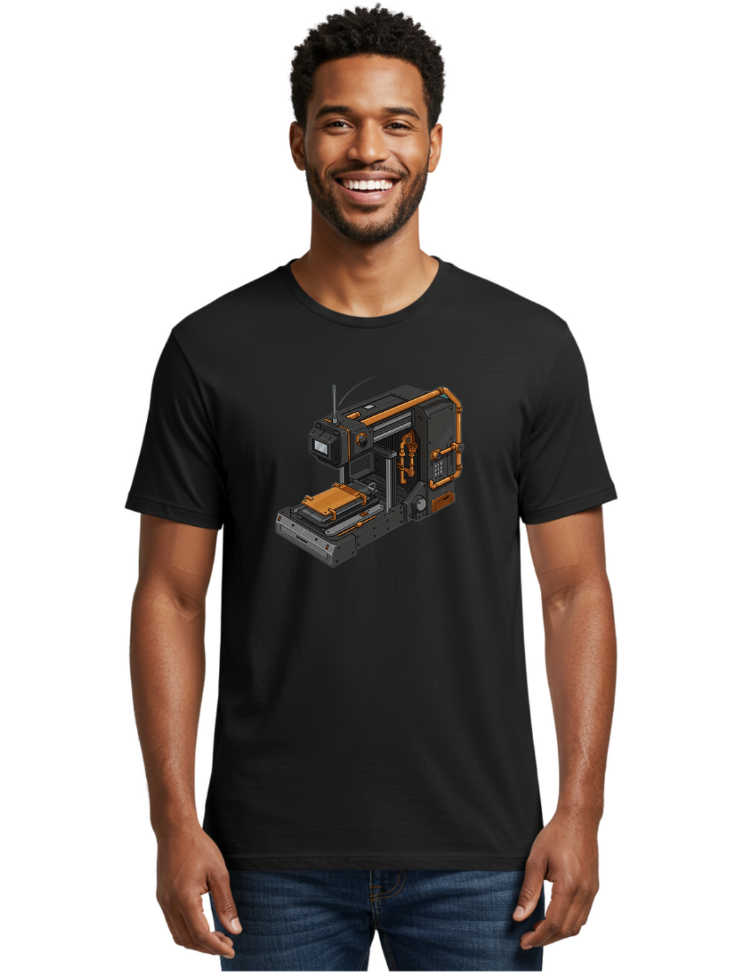 3D-Printer-38 Men'S Graphic Tee, 100% Cotton, Comfortable Casual Summer Wear, Machine Washable, Industrial 3D Printing Technology, Futuristic Manufacturing, Copper Piping, Black Metal Machinery, High-Precision Engineering, Innovative Design, Baa033