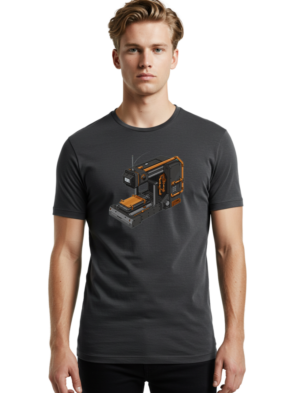 3D-Printer-38 Men'S Graphic Tee, 100% Cotton, Comfortable Casual Summer Wear, Machine Washable, Industrial 3D Printing Technology, Futuristic Manufacturing, Copper Piping, Black Metal Machinery, High-Precision Engineering, Innovative Design, Baa033