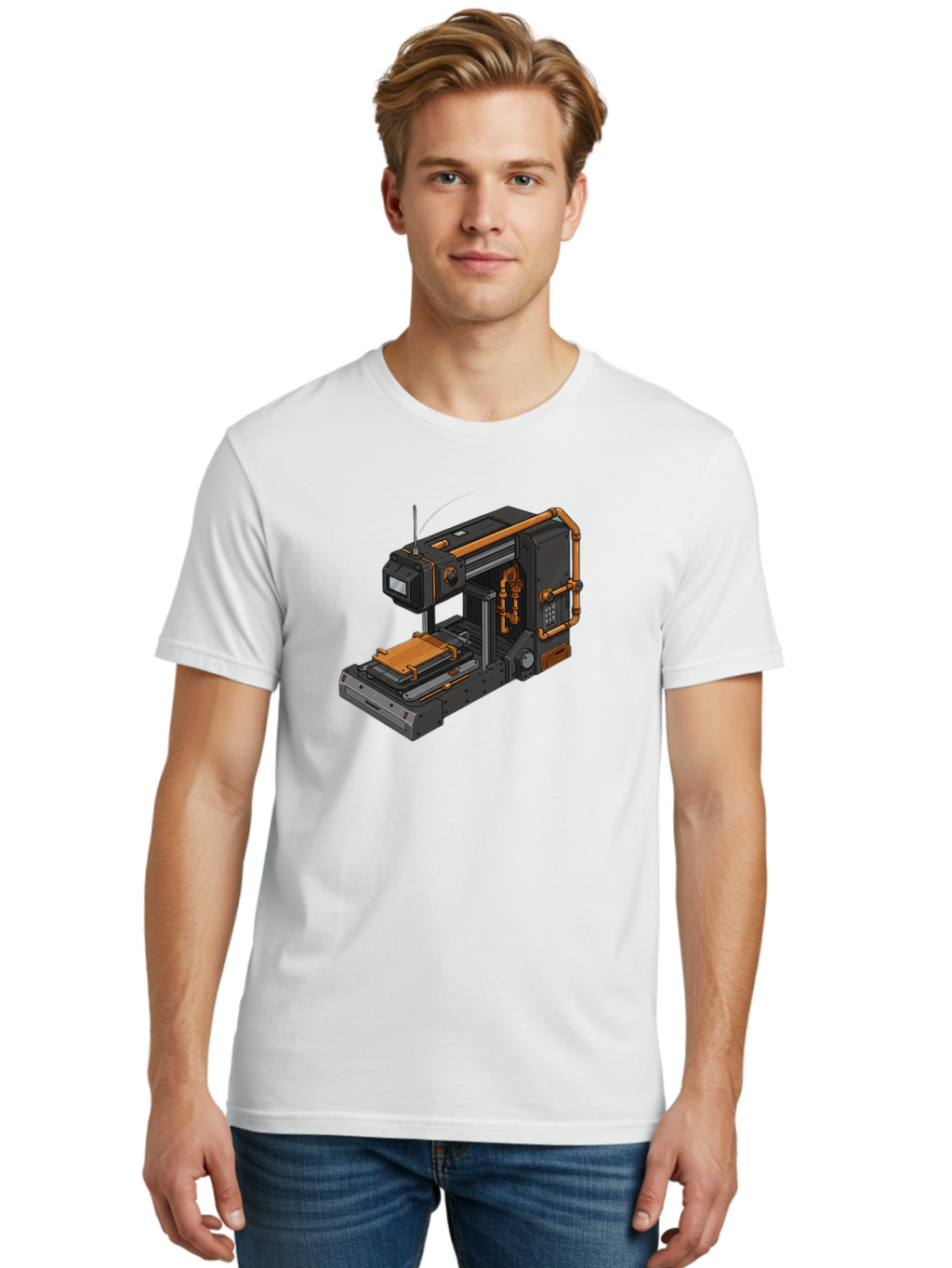 3D-Printer-38 Men'S Graphic Tee, 100% Cotton, Comfortable Casual Summer Wear, Machine Washable, Industrial 3D Printing Technology, Futuristic Manufacturing, Copper Piping, Black Metal Machinery, High-Precision Engineering, Innovative Design, Baa033