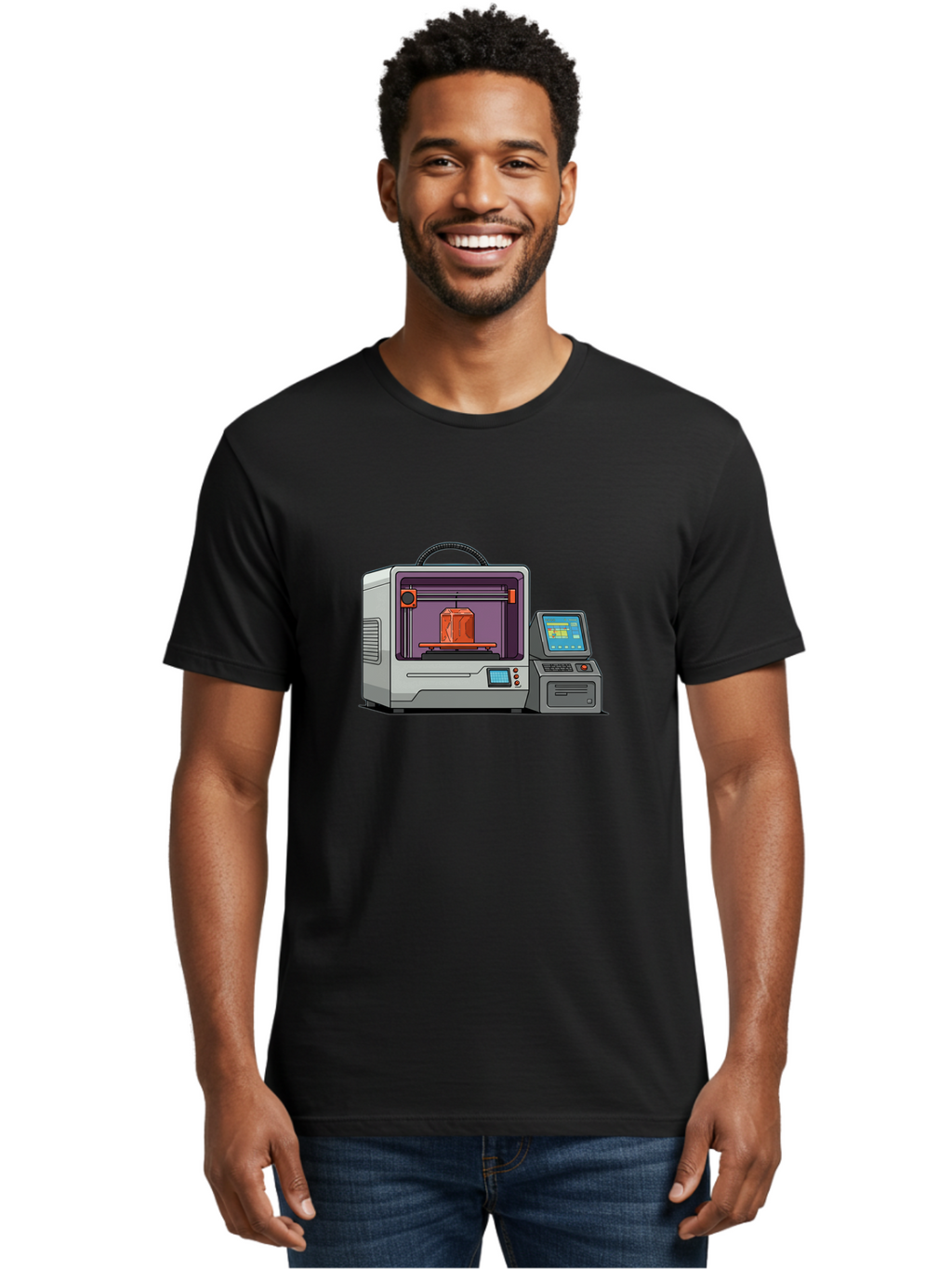 3D-Printer-4 Men'S Graphic Tee, 100% Cotton, Comfortable Casual Summer Wear, Machine Washable, 3D Printing Technology, Additive Manufacturing, Digital Design, Rapid Prototyping, Orange Object, Printer Controls, Digital Display, Baa035