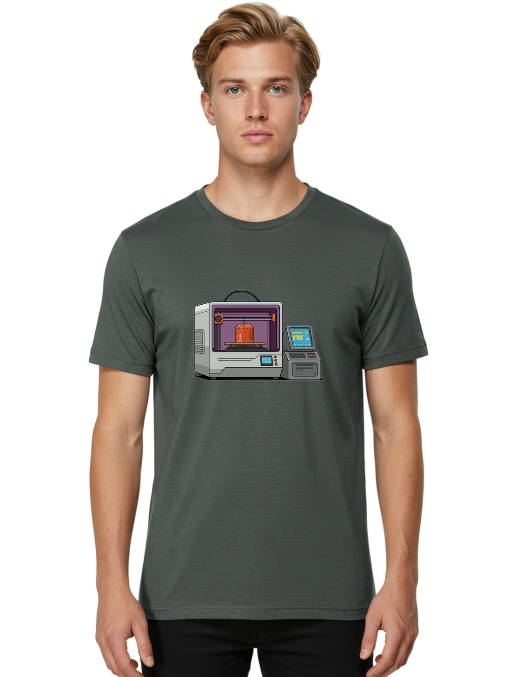 3D-Printer-4 Men'S Graphic Tee, 100% Cotton, Comfortable Casual Summer Wear, Machine Washable, 3D Printing Technology, Additive Manufacturing, Digital Design, Rapid Prototyping, Orange Object, Printer Controls, Digital Display, Baa035