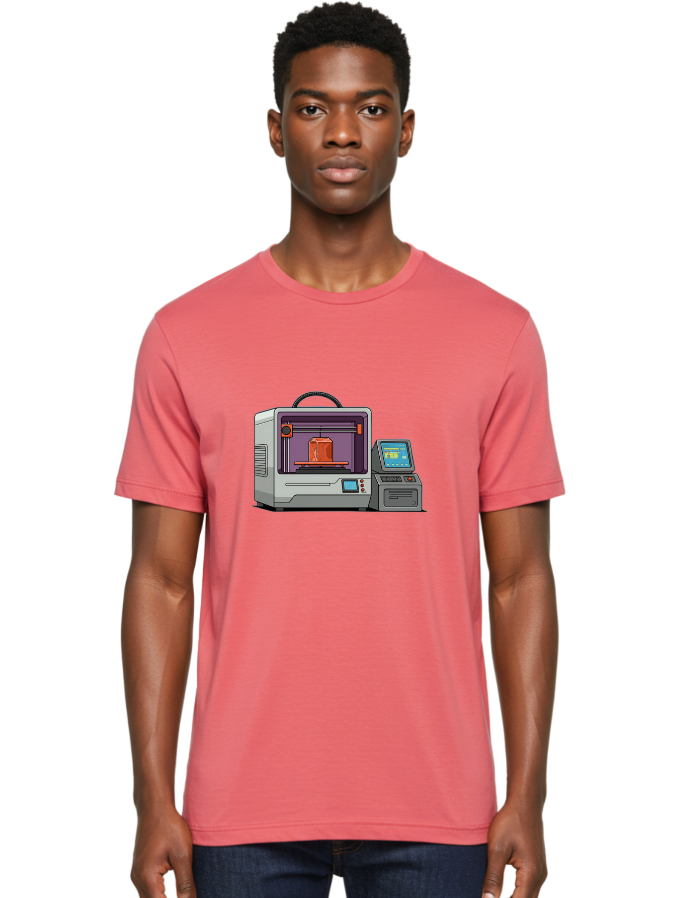 3D-Printer-4 Men'S Graphic Tee, 100% Cotton, Comfortable Casual Summer Wear, Machine Washable, 3D Printing Technology, Additive Manufacturing, Digital Design, Rapid Prototyping, Orange Object, Printer Controls, Digital Display, Baa035