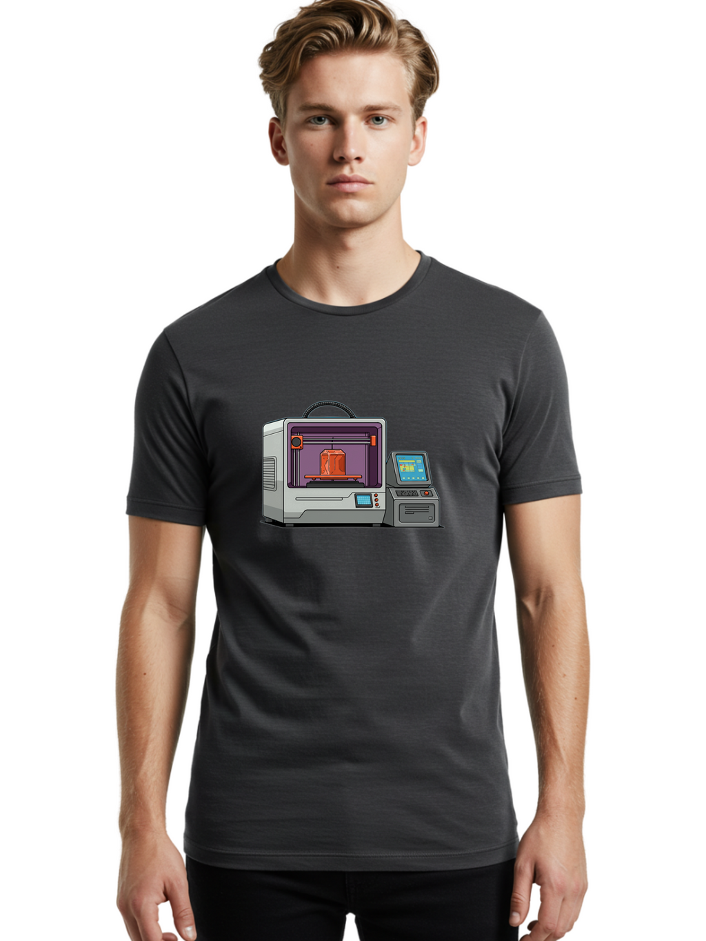 3D-Printer-4 Men'S Graphic Tee, 100% Cotton, Comfortable Casual Summer Wear, Machine Washable, 3D Printing Technology, Additive Manufacturing, Digital Design, Rapid Prototyping, Orange Object, Printer Controls, Digital Display, Baa035