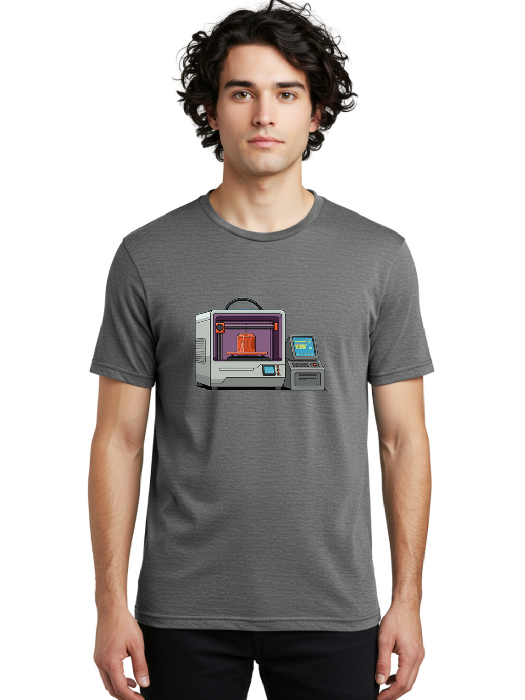 3D-Printer-4 Men'S Graphic Tee, 100% Cotton, Comfortable Casual Summer Wear, Machine Washable, 3D Printing Technology, Additive Manufacturing, Digital Design, Rapid Prototyping, Orange Object, Printer Controls, Digital Display, Baa035