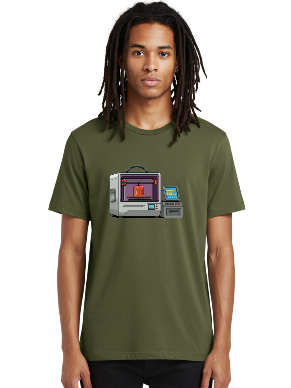 3D-Printer-4 Men'S Graphic Tee, 100% Cotton, Comfortable Casual Summer Wear, Machine Washable, 3D Printing Technology, Additive Manufacturing, Digital Design, Rapid Prototyping, Orange Object, Printer Controls, Digital Display, Baa035