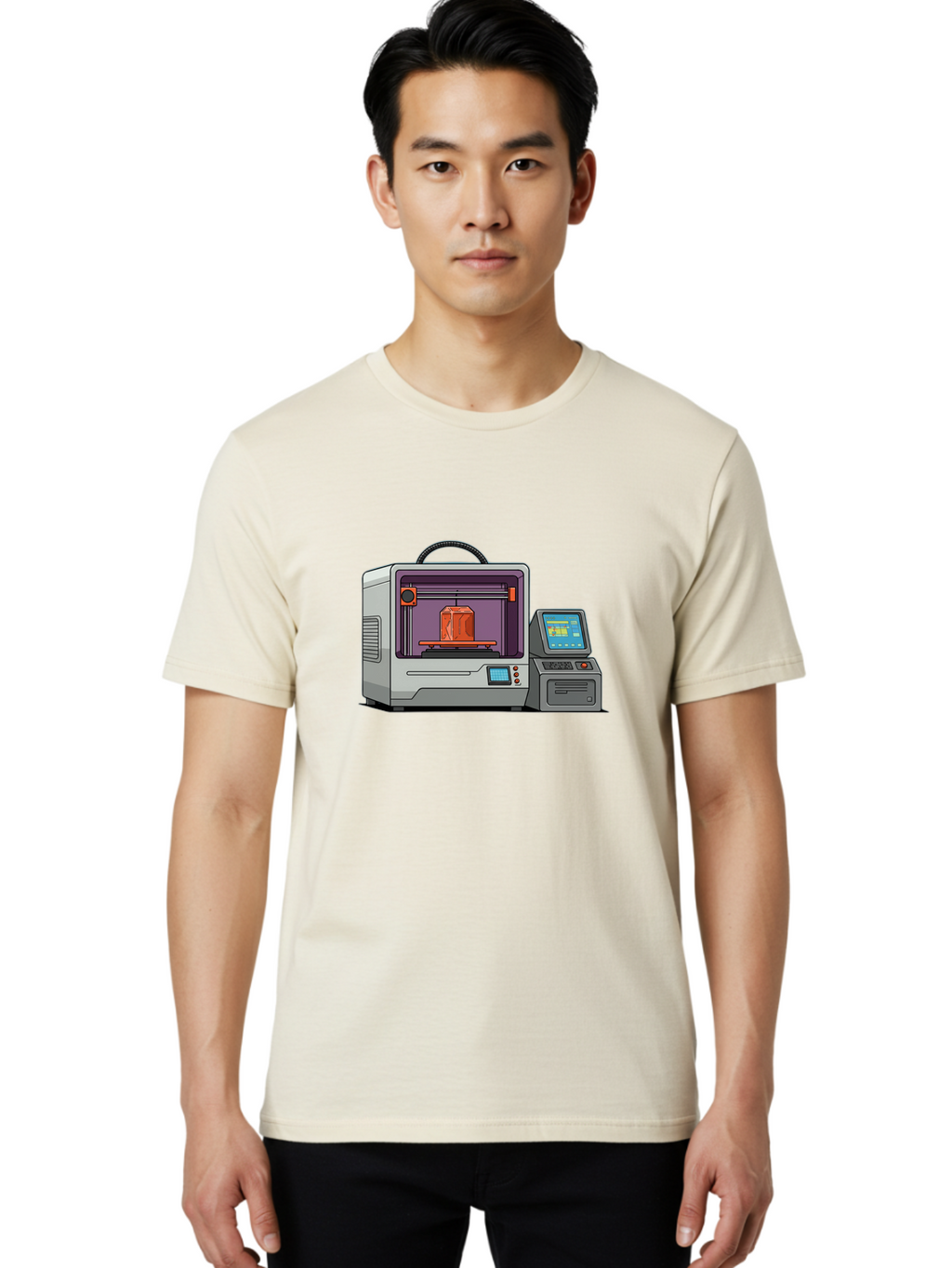 3D-Printer-4 Men'S Graphic Tee, 100% Cotton, Comfortable Casual Summer Wear, Machine Washable, 3D Printing Technology, Additive Manufacturing, Digital Design, Rapid Prototyping, Orange Object, Printer Controls, Digital Display, Baa035