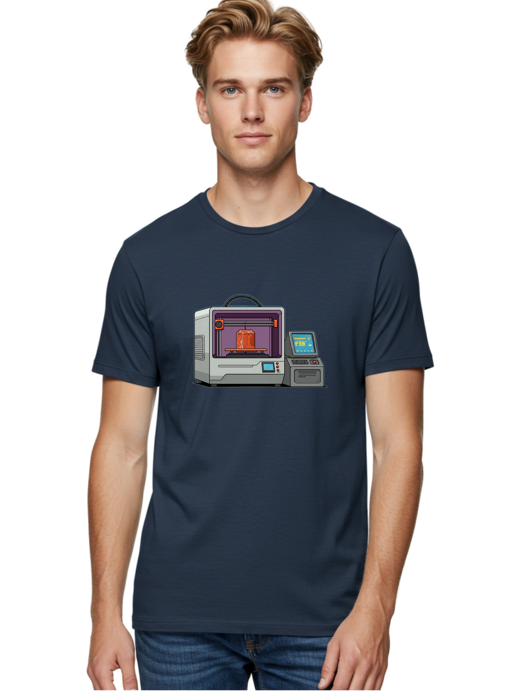3D-Printer-4 Men'S Graphic Tee, 100% Cotton, Comfortable Casual Summer Wear, Machine Washable, 3D Printing Technology, Additive Manufacturing, Digital Design, Rapid Prototyping, Orange Object, Printer Controls, Digital Display, Baa035