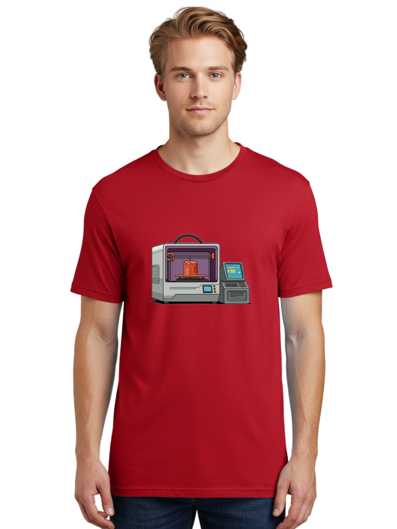 3D-Printer-4 Men'S Graphic Tee, 100% Cotton, Comfortable Casual Summer Wear, Machine Washable, 3D Printing Technology, Additive Manufacturing, Digital Design, Rapid Prototyping, Orange Object, Printer Controls, Digital Display, Baa035