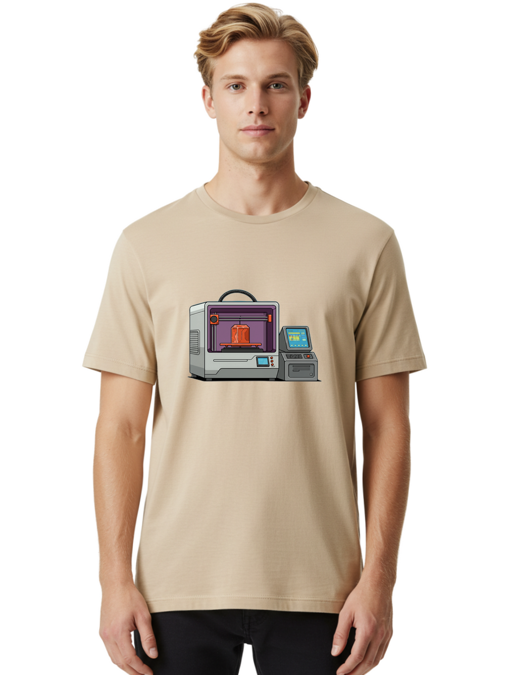 3D-Printer-4 Men'S Graphic Tee, 100% Cotton, Comfortable Casual Summer Wear, Machine Washable, 3D Printing Technology, Additive Manufacturing, Digital Design, Rapid Prototyping, Orange Object, Printer Controls, Digital Display, Baa035
