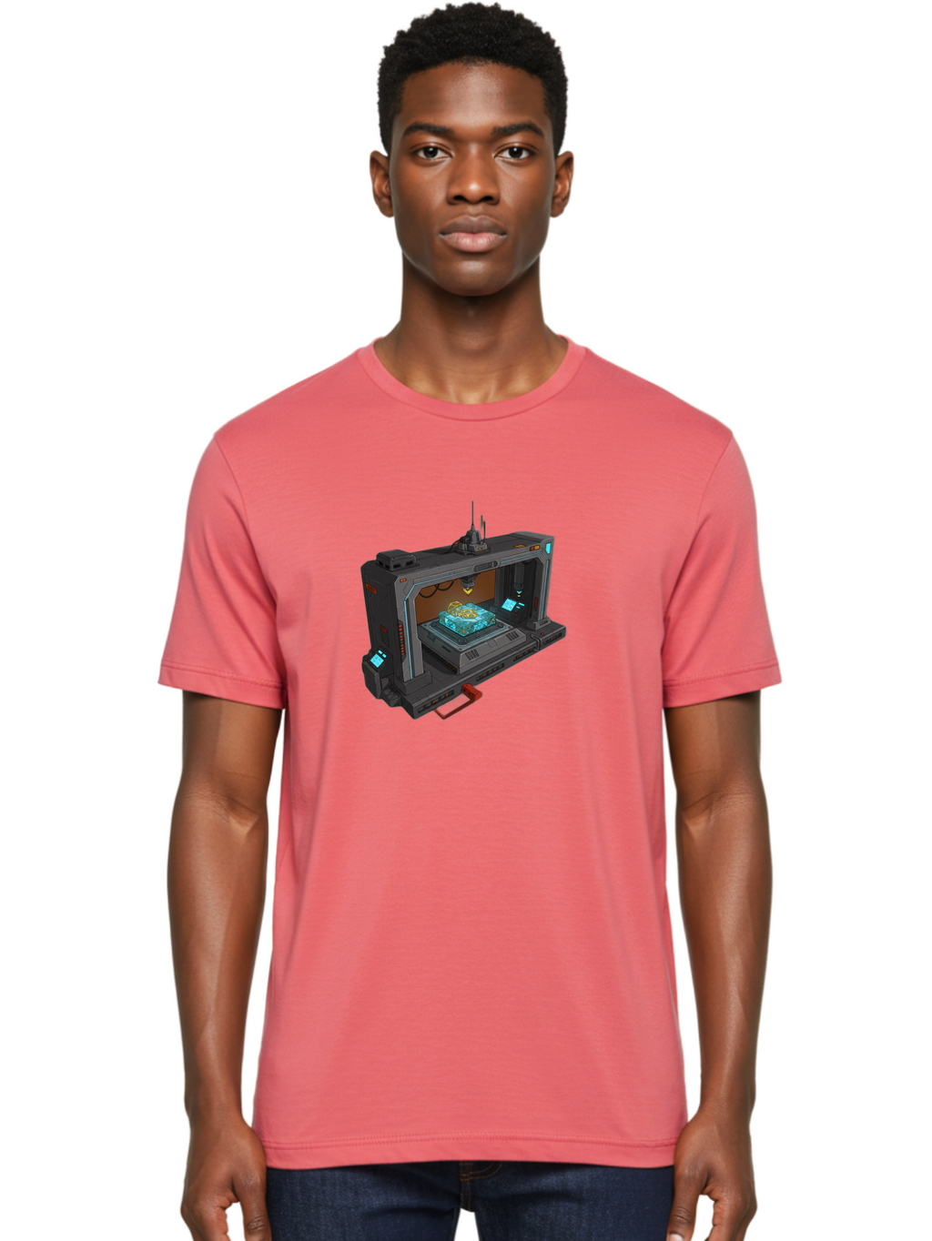 3D-Printer-42 Men'S Graphic Tee, 100% Cotton, Comfortable Casual Summer Wear, Machine Washable, Futuristic 3D Printing Technology, Advanced Manufacturing, Sci-Fi Machinery, Technological Innovation, Industrial Design, Digital Fabrication, Baa038