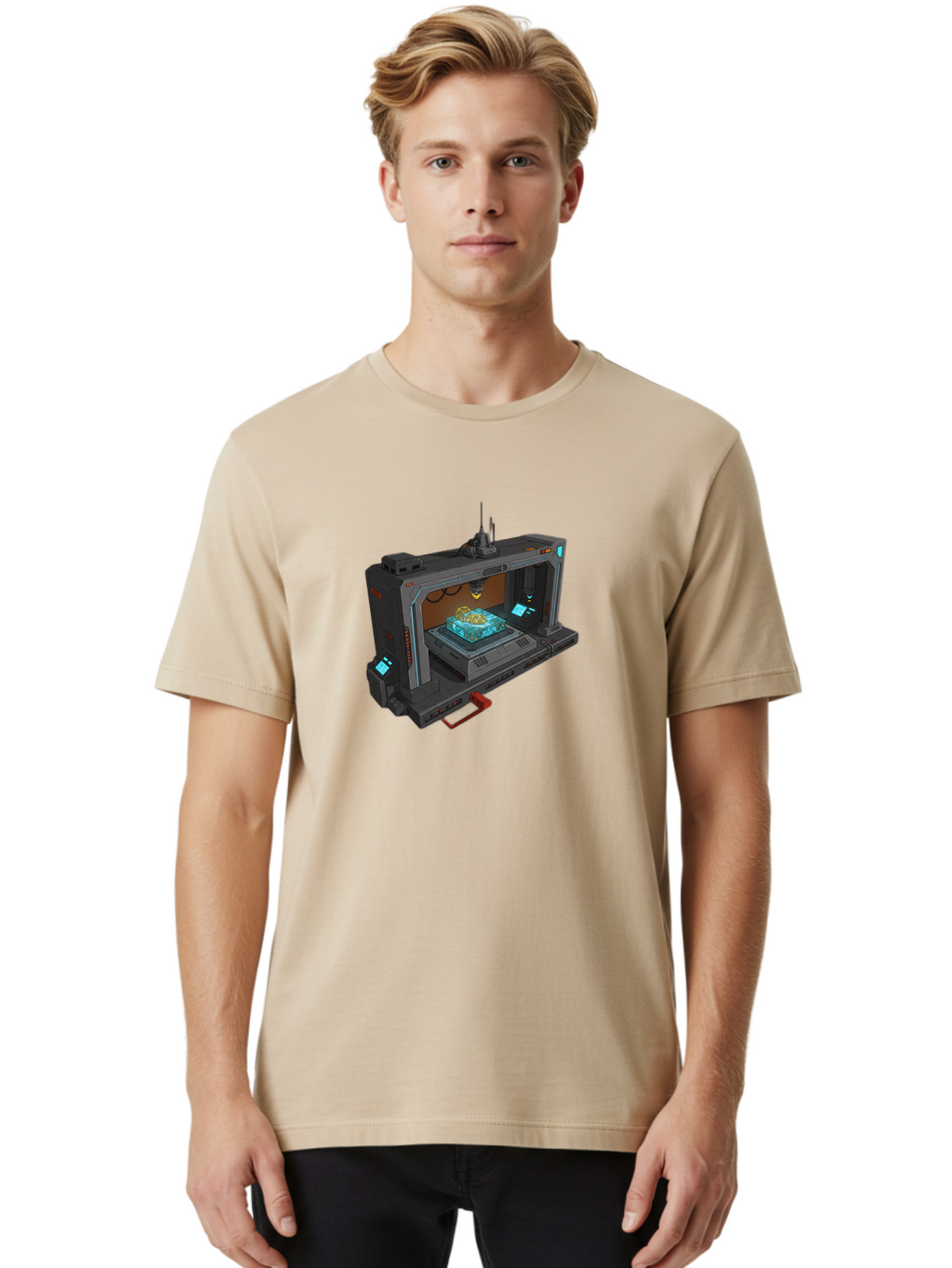 3D-Printer-42 Men'S Graphic Tee, 100% Cotton, Comfortable Casual Summer Wear, Machine Washable, Futuristic 3D Printing Technology, Advanced Manufacturing, Sci-Fi Machinery, Technological Innovation, Industrial Design, Digital Fabrication, Baa038