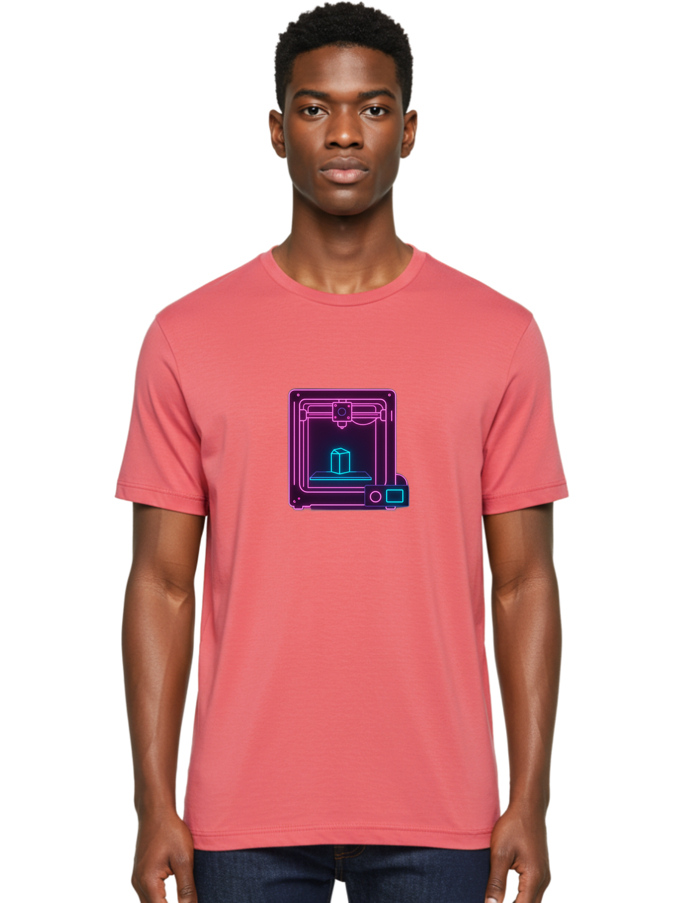 3D-Printer-8 Men'S Graphic Tee, 100% Cotton, Comfortable Casual Summer Wear, Machine Washable, 3D Printing Technology, Additive Manufacturing, Futuristic Design, Neon Lights, Digital Fabrication, Prototype Development, Innovative Product, Baa042