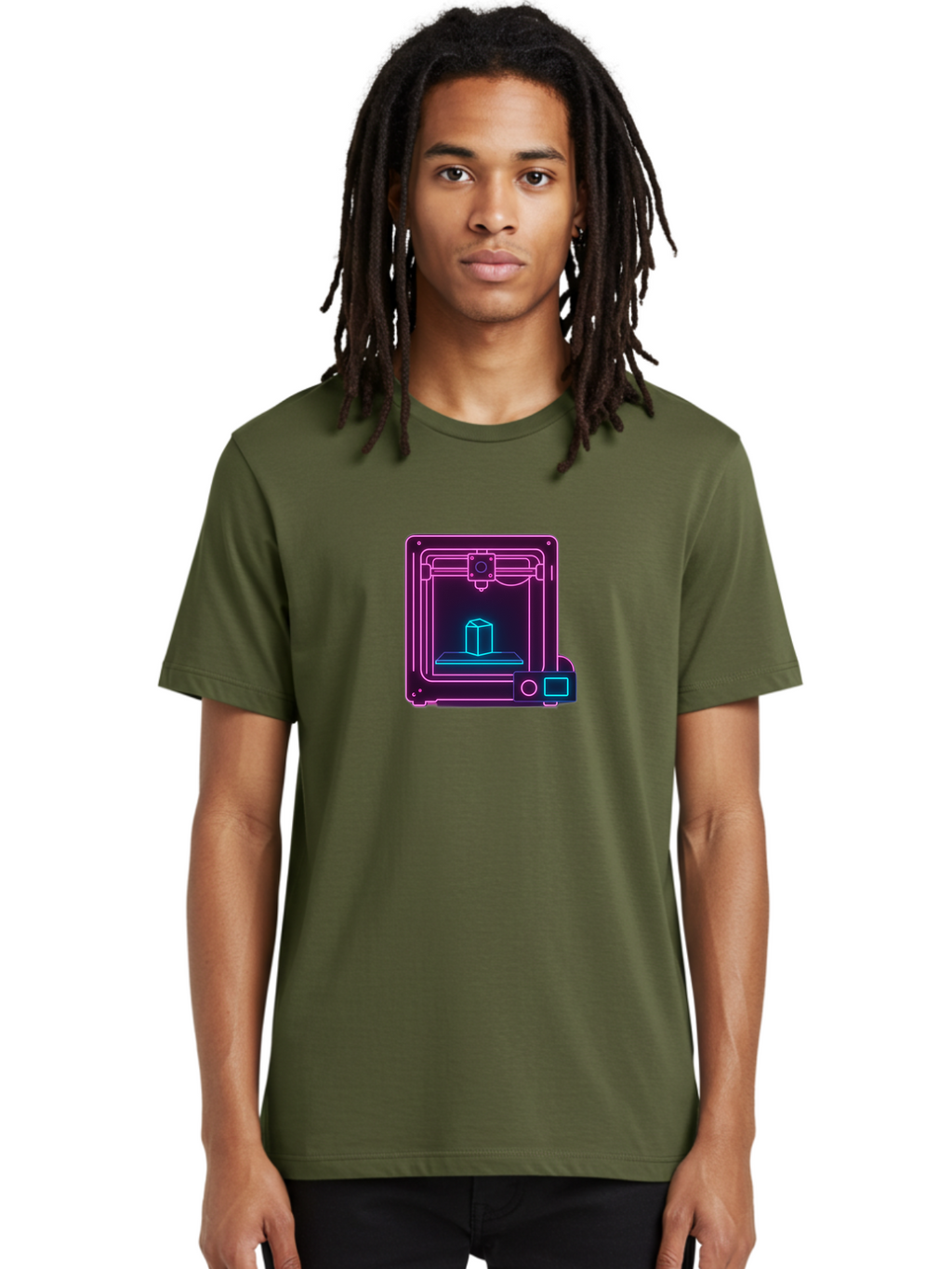 3D-Printer-8 Men'S Graphic Tee, 100% Cotton, Comfortable Casual Summer Wear, Machine Washable, 3D Printing Technology, Additive Manufacturing, Futuristic Design, Neon Lights, Digital Fabrication, Prototype Development, Innovative Product, Baa042