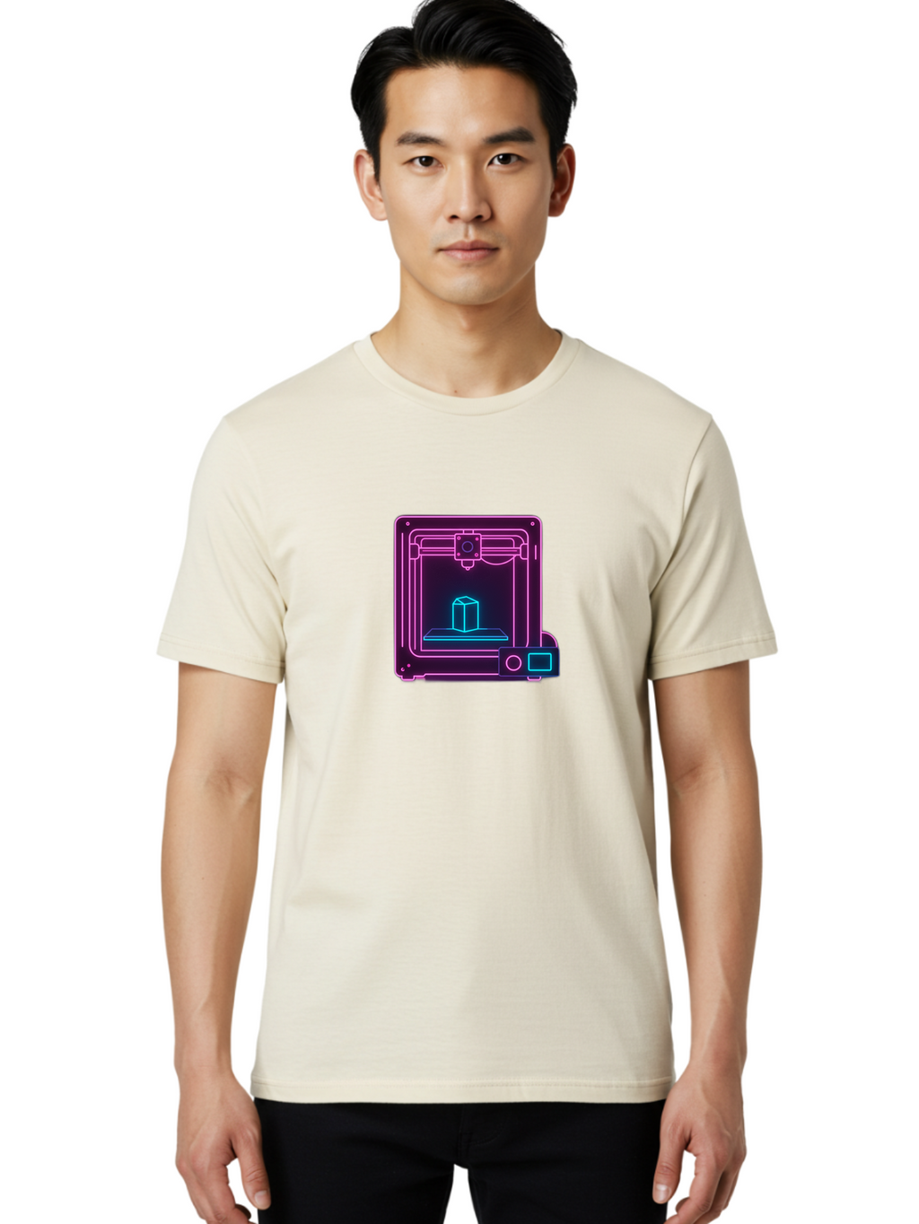 3D-Printer-8 Men'S Graphic Tee, 100% Cotton, Comfortable Casual Summer Wear, Machine Washable, 3D Printing Technology, Additive Manufacturing, Futuristic Design, Neon Lights, Digital Fabrication, Prototype Development, Innovative Product, Baa042