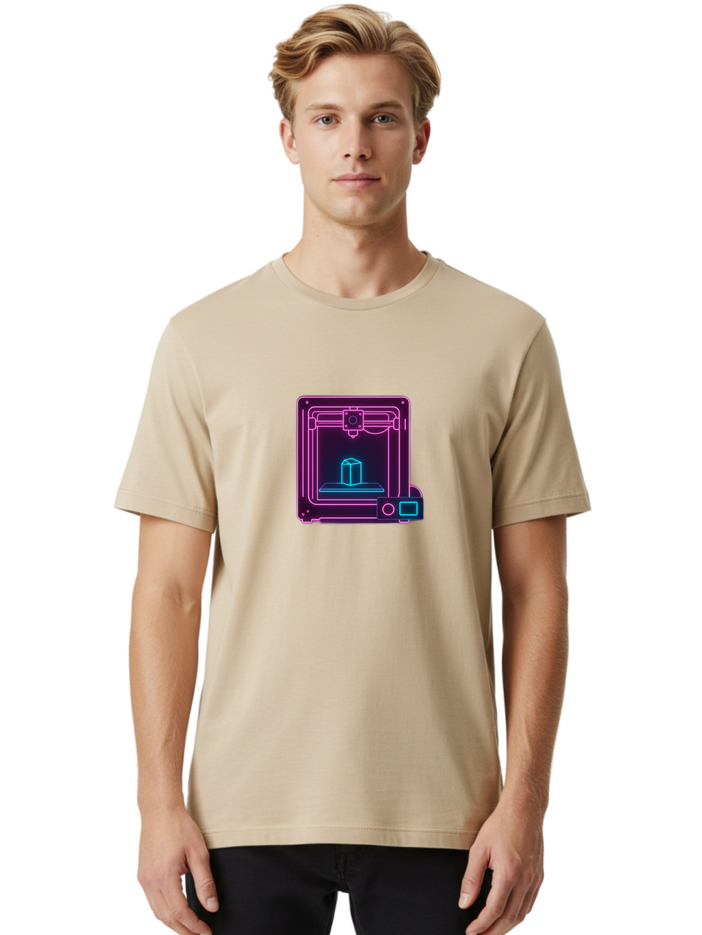 3D-Printer-8 Men'S Graphic Tee, 100% Cotton, Comfortable Casual Summer Wear, Machine Washable, 3D Printing Technology, Additive Manufacturing, Futuristic Design, Neon Lights, Digital Fabrication, Prototype Development, Innovative Product, Baa042