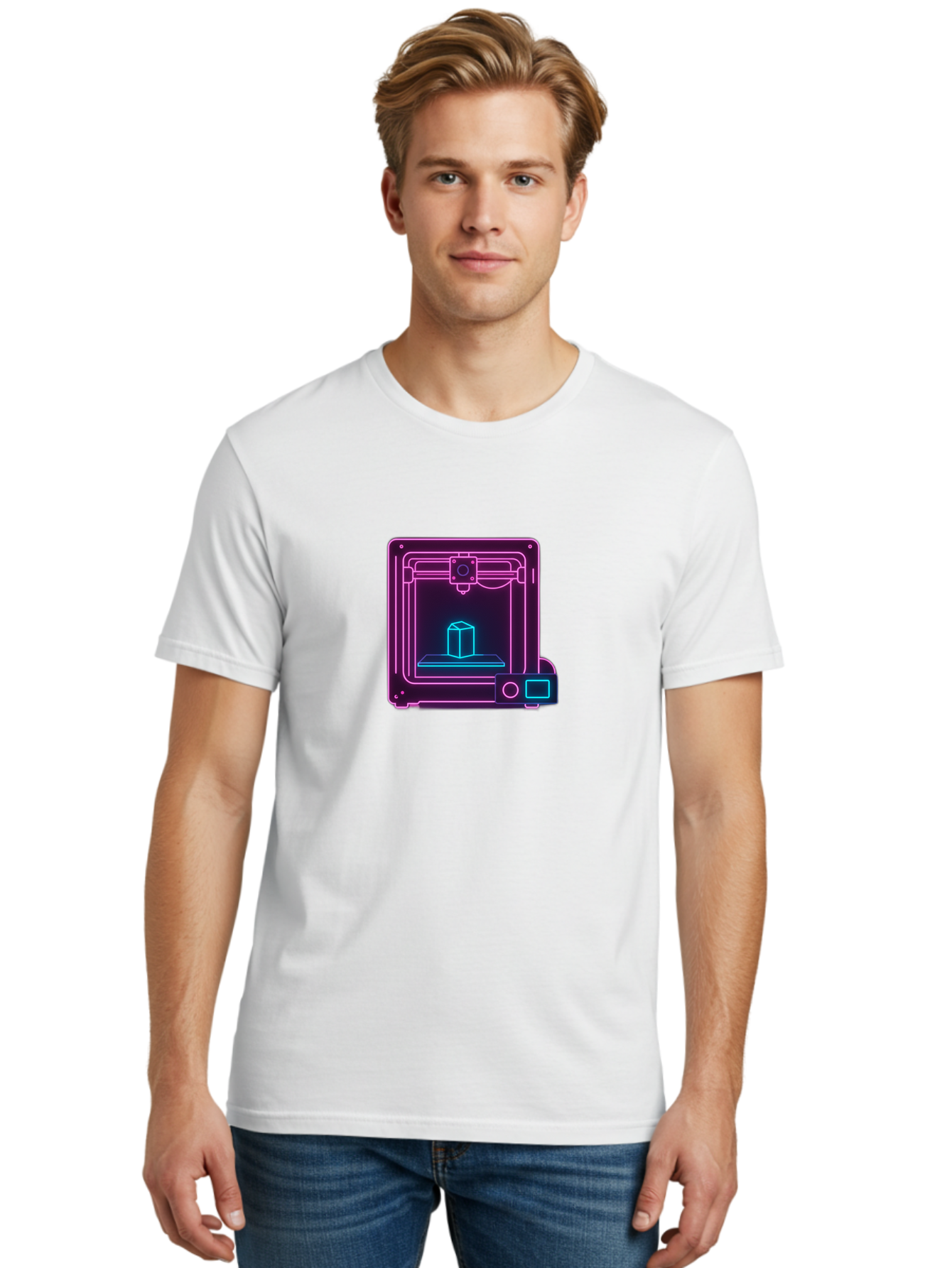 3D-Printer-8 Men'S Graphic Tee, 100% Cotton, Comfortable Casual Summer Wear, Machine Washable, 3D Printing Technology, Additive Manufacturing, Futuristic Design, Neon Lights, Digital Fabrication, Prototype Development, Innovative Product, Baa042