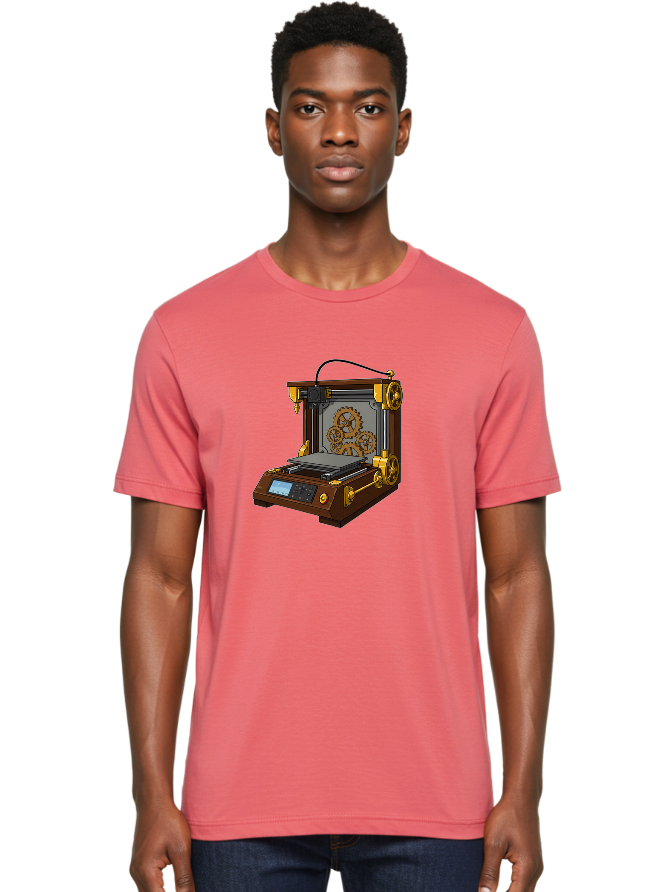 3D-Printer-9 Men'S Graphic Tee, 100% Cotton, Comfortable Casual Summer Wear, Machine Washable, Steampunk 3D Printer, Industrial Machinery, Mechanical Gears, Digital Display, Innovative Technology, Futuristic Design, Mechanical Engineering, Baa043