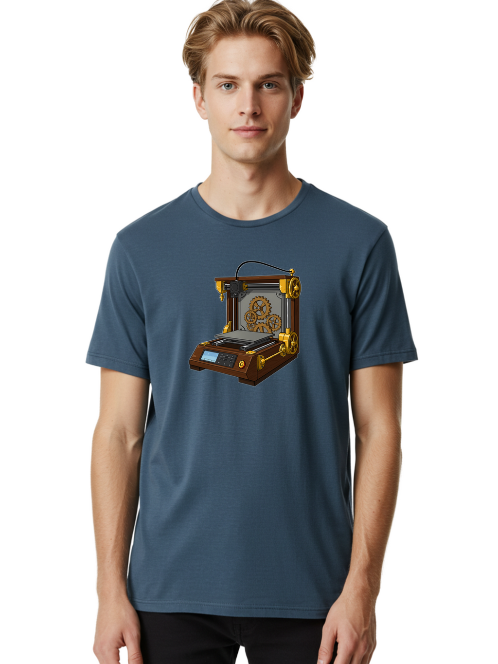 3D-Printer-9 Men'S Graphic Tee, 100% Cotton, Comfortable Casual Summer Wear, Machine Washable, Steampunk 3D Printer, Industrial Machinery, Mechanical Gears, Digital Display, Innovative Technology, Futuristic Design, Mechanical Engineering, Baa043