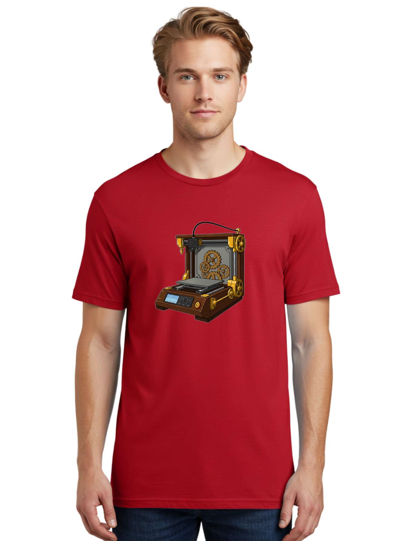 3D-Printer-9 Men'S Graphic Tee, 100% Cotton, Comfortable Casual Summer Wear, Machine Washable, Steampunk 3D Printer, Industrial Machinery, Mechanical Gears, Digital Display, Innovative Technology, Futuristic Design, Mechanical Engineering, Baa043