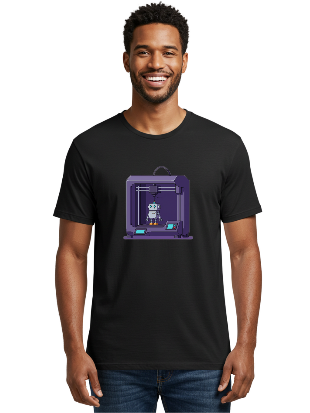 3D-Printer-Robot-1 Men'S Graphic Tee, 100% Cotton, Comfortable Casual Summer Wear, Machine Washable, 3D Printing Technology, Robot Being Printed, Advanced Manufacturing, Futuristic Design, Robotic Parts, Digital Fabrication, Baa047