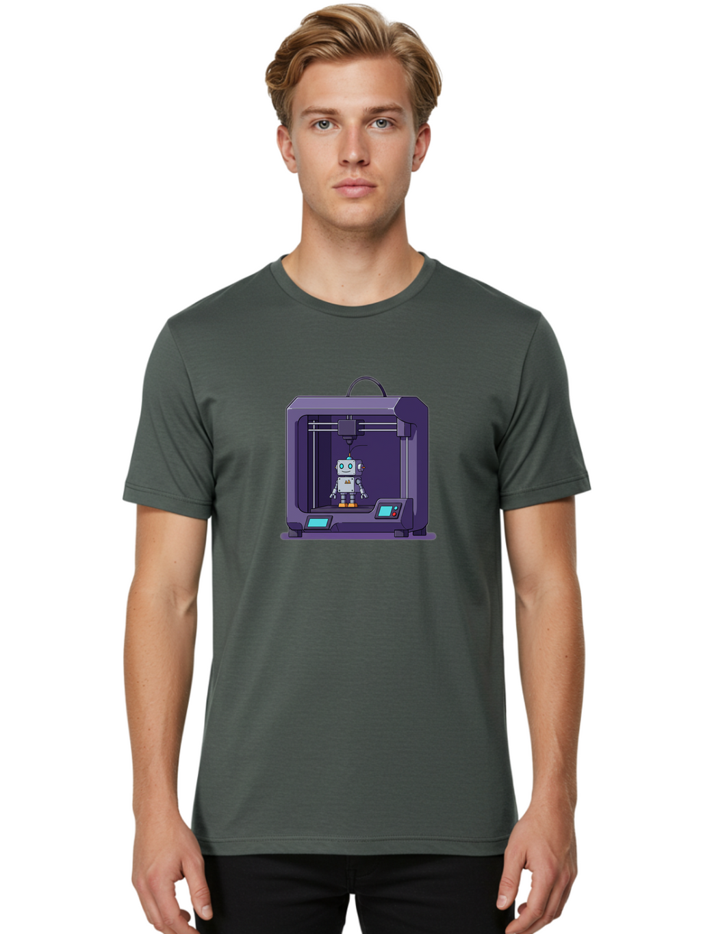 3D-Printer-Robot-1 Men'S Graphic Tee, 100% Cotton, Comfortable Casual Summer Wear, Machine Washable, 3D Printing Technology, Robot Being Printed, Advanced Manufacturing, Futuristic Design, Robotic Parts, Digital Fabrication, Baa047