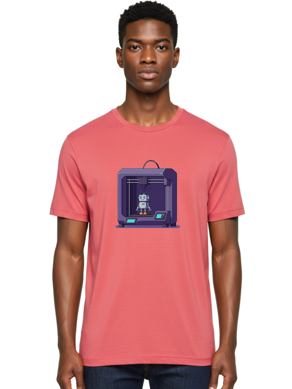 3D-Printer-Robot-1 Men'S Graphic Tee, 100% Cotton, Comfortable Casual Summer Wear, Machine Washable, 3D Printing Technology, Robot Being Printed, Advanced Manufacturing, Futuristic Design, Robotic Parts, Digital Fabrication, Baa047