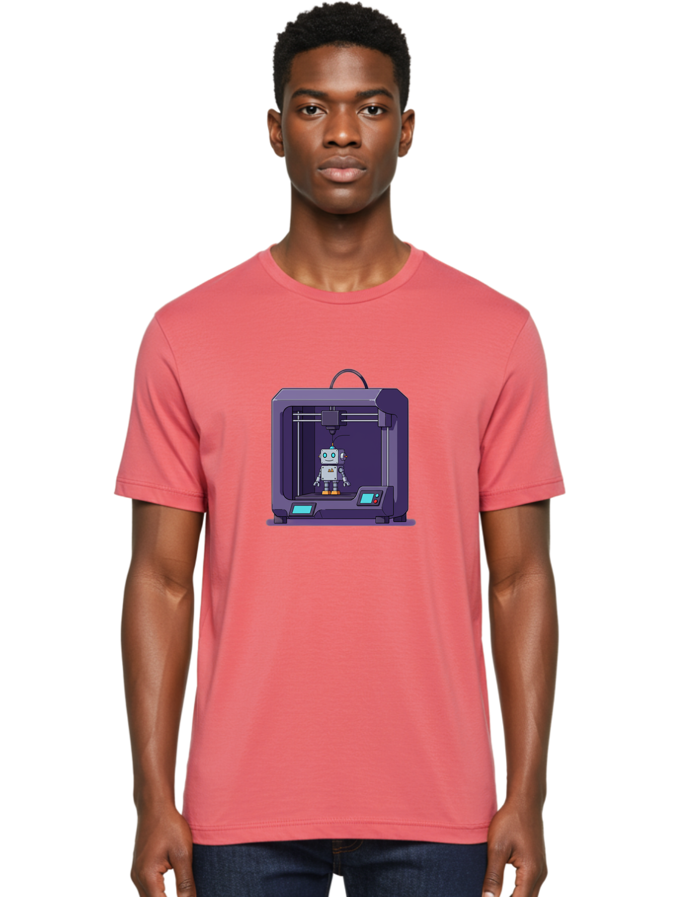 3D-Printer-Robot-1 Men'S Graphic Tee, 100% Cotton, Comfortable Casual Summer Wear, Machine Washable, 3D Printing Technology, Robot Being Printed, Advanced Manufacturing, Futuristic Design, Robotic Parts, Digital Fabrication, Baa047