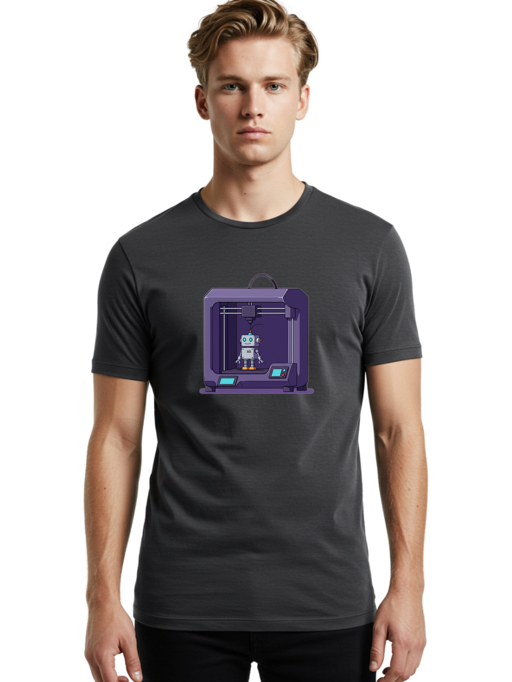3D-Printer-Robot-1 Men'S Graphic Tee, 100% Cotton, Comfortable Casual Summer Wear, Machine Washable, 3D Printing Technology, Robot Being Printed, Advanced Manufacturing, Futuristic Design, Robotic Parts, Digital Fabrication, Baa047