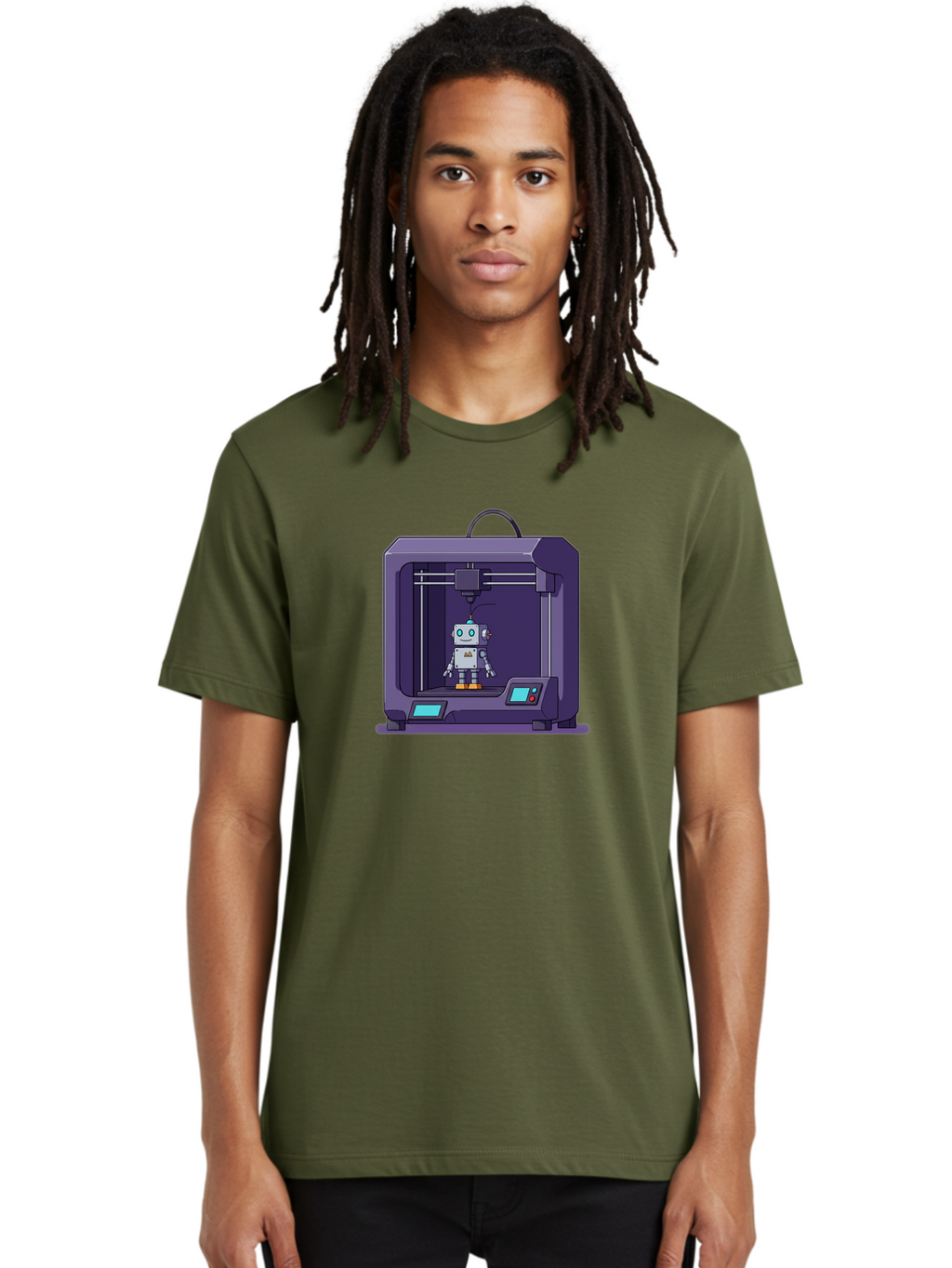 3D-Printer-Robot-1 Men'S Graphic Tee, 100% Cotton, Comfortable Casual Summer Wear, Machine Washable, 3D Printing Technology, Robot Being Printed, Advanced Manufacturing, Futuristic Design, Robotic Parts, Digital Fabrication, Baa047