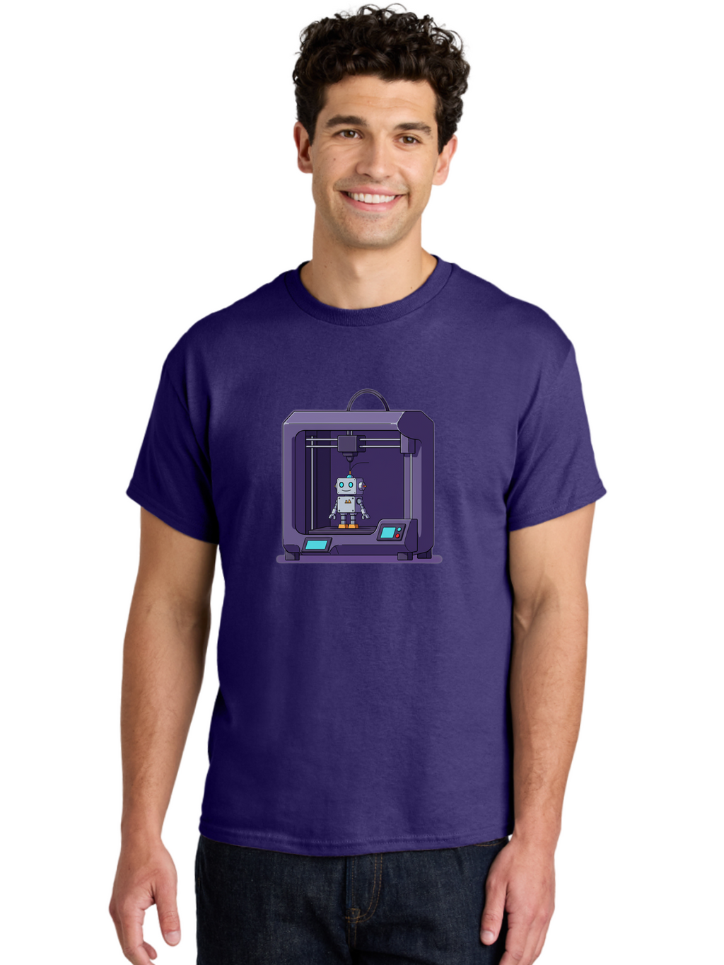 3D-Printer-Robot-1 Men'S Graphic Tee, 100% Cotton, Comfortable Casual Summer Wear, Machine Washable, 3D Printing Technology, Robot Being Printed, Advanced Manufacturing, Futuristic Design, Robotic Parts, Digital Fabrication, Baa047
