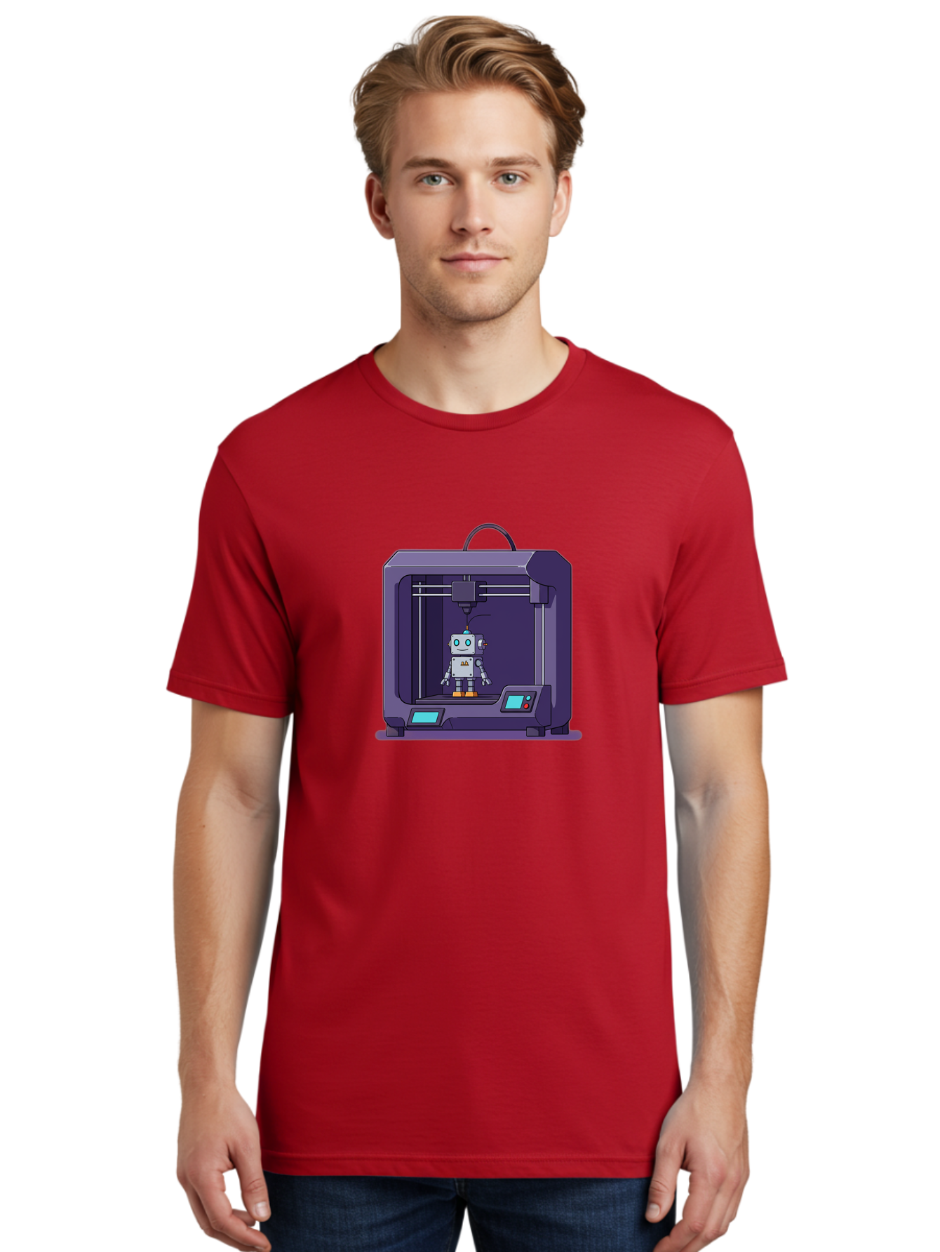 3D-Printer-Robot-1 Men'S Graphic Tee, 100% Cotton, Comfortable Casual Summer Wear, Machine Washable, 3D Printing Technology, Robot Being Printed, Advanced Manufacturing, Futuristic Design, Robotic Parts, Digital Fabrication, Baa047