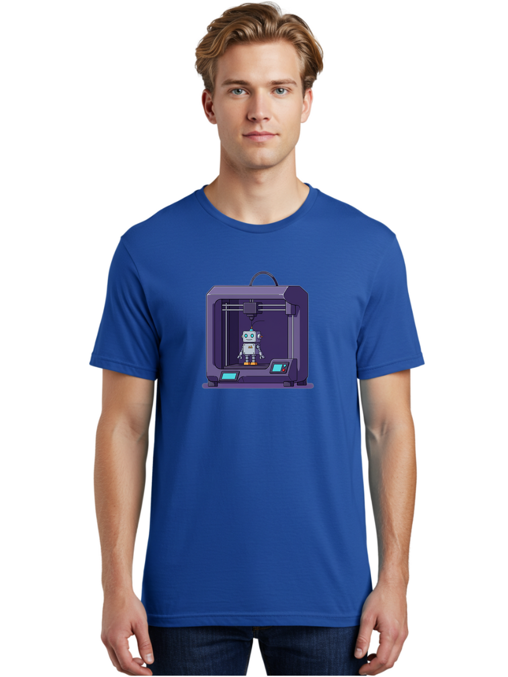 3D-Printer-Robot-1 Men'S Graphic Tee, 100% Cotton, Comfortable Casual Summer Wear, Machine Washable, 3D Printing Technology, Robot Being Printed, Advanced Manufacturing, Futuristic Design, Robotic Parts, Digital Fabrication, Baa047
