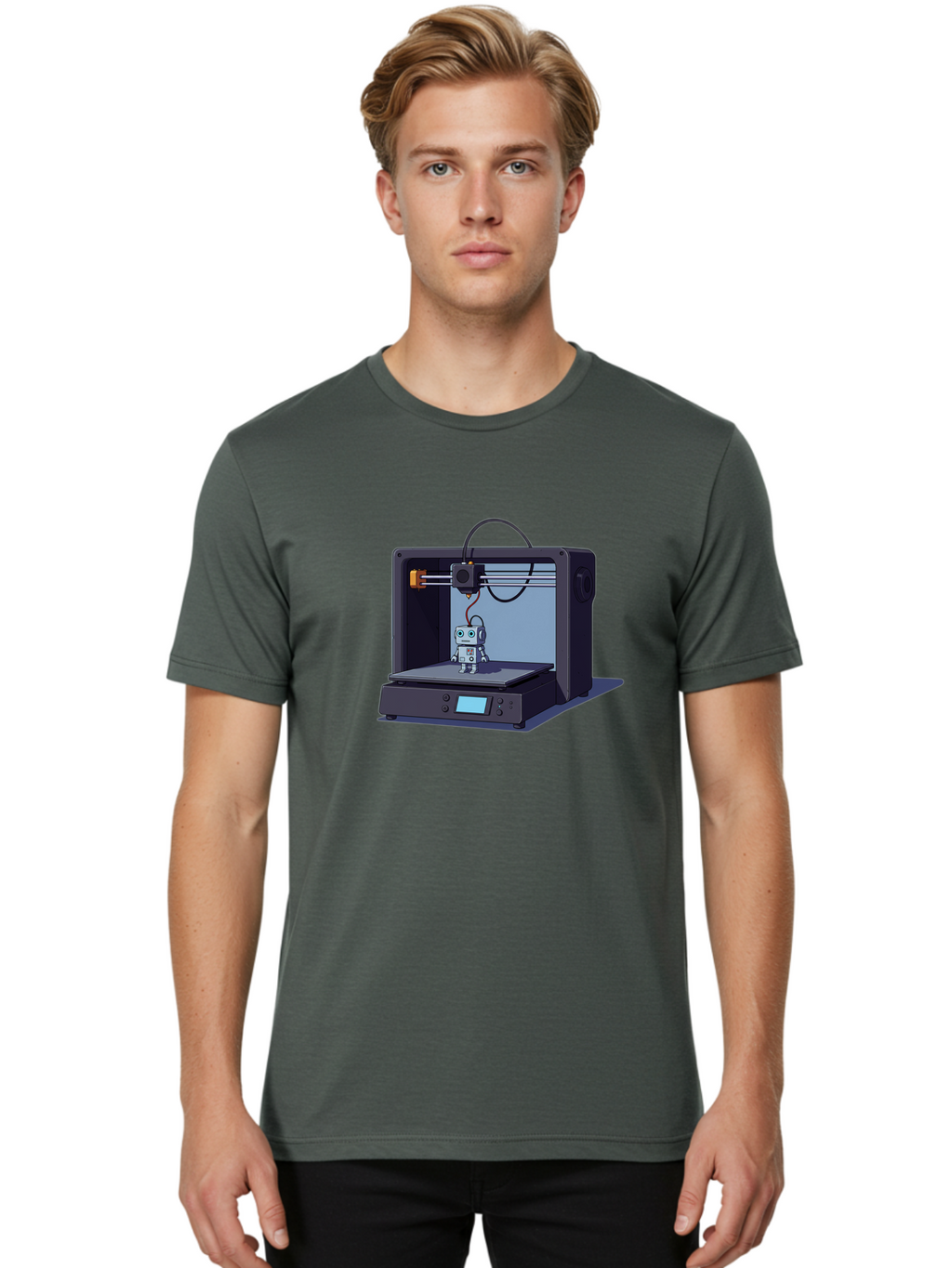 3D-Printer-Robot Men'S Graphic Tee, 100% Cotton, Comfortable Casual Summer Wear, Machine Washable, 3D Printing Technology, Robot Figurine, Digital Fabrication, Additive Manufacturing, Futuristic Design, Robotic Innovation, Modern Machinery Baa048