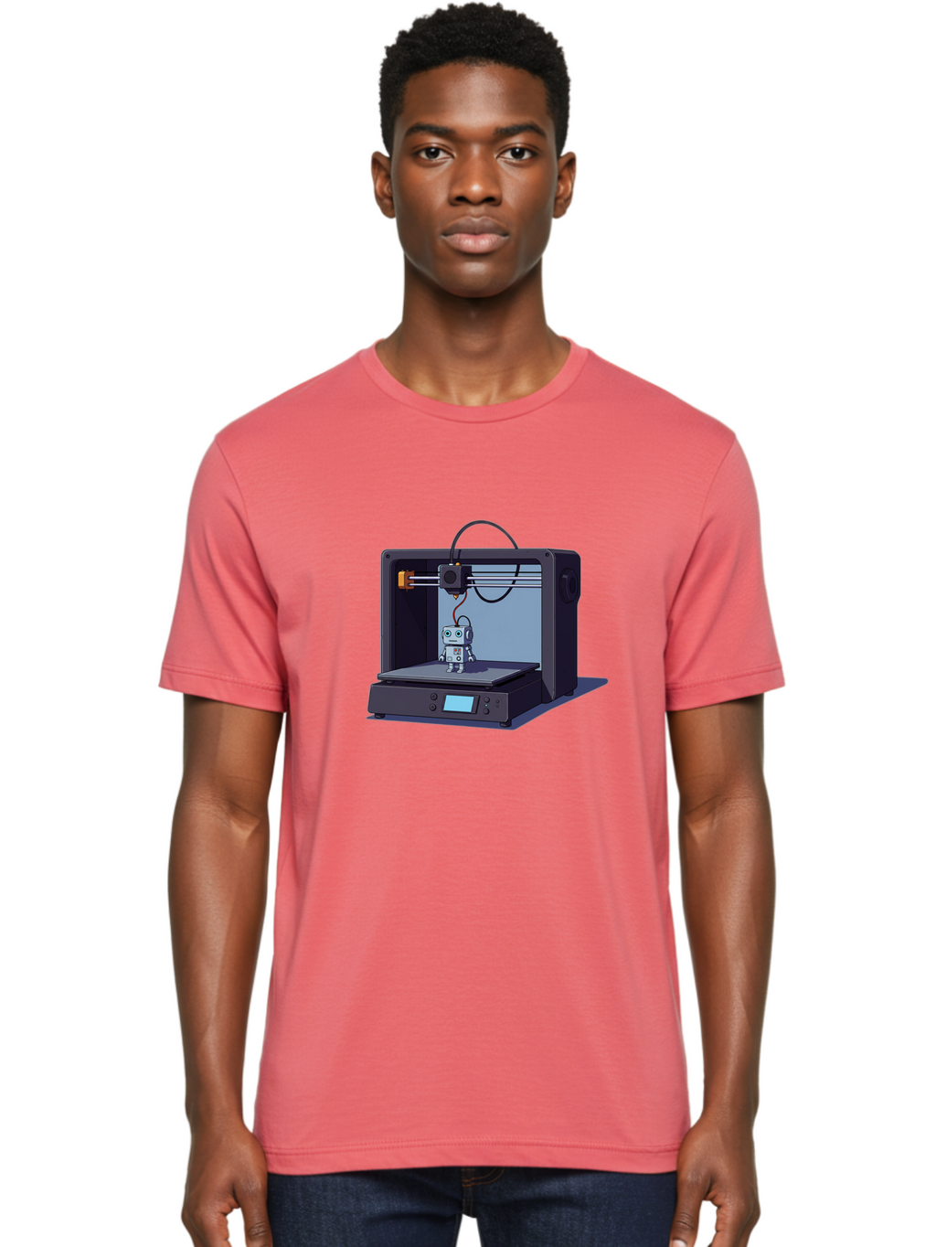 3D-Printer-Robot Men'S Graphic Tee, 100% Cotton, Comfortable Casual Summer Wear, Machine Washable, 3D Printing Technology, Robot Figurine, Digital Fabrication, Additive Manufacturing, Futuristic Design, Robotic Innovation, Modern Machinery Baa048