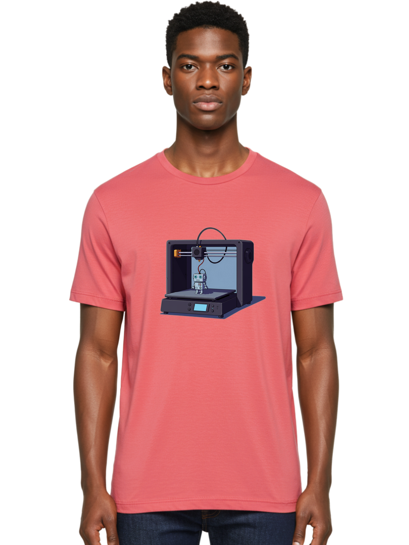 3D-Printer-Robot Men'S Graphic Tee, 100% Cotton, Comfortable Casual Summer Wear, Machine Washable, 3D Printing Technology, Robot Figurine, Digital Fabrication, Additive Manufacturing, Futuristic Design, Robotic Innovation, Modern Machinery Baa048