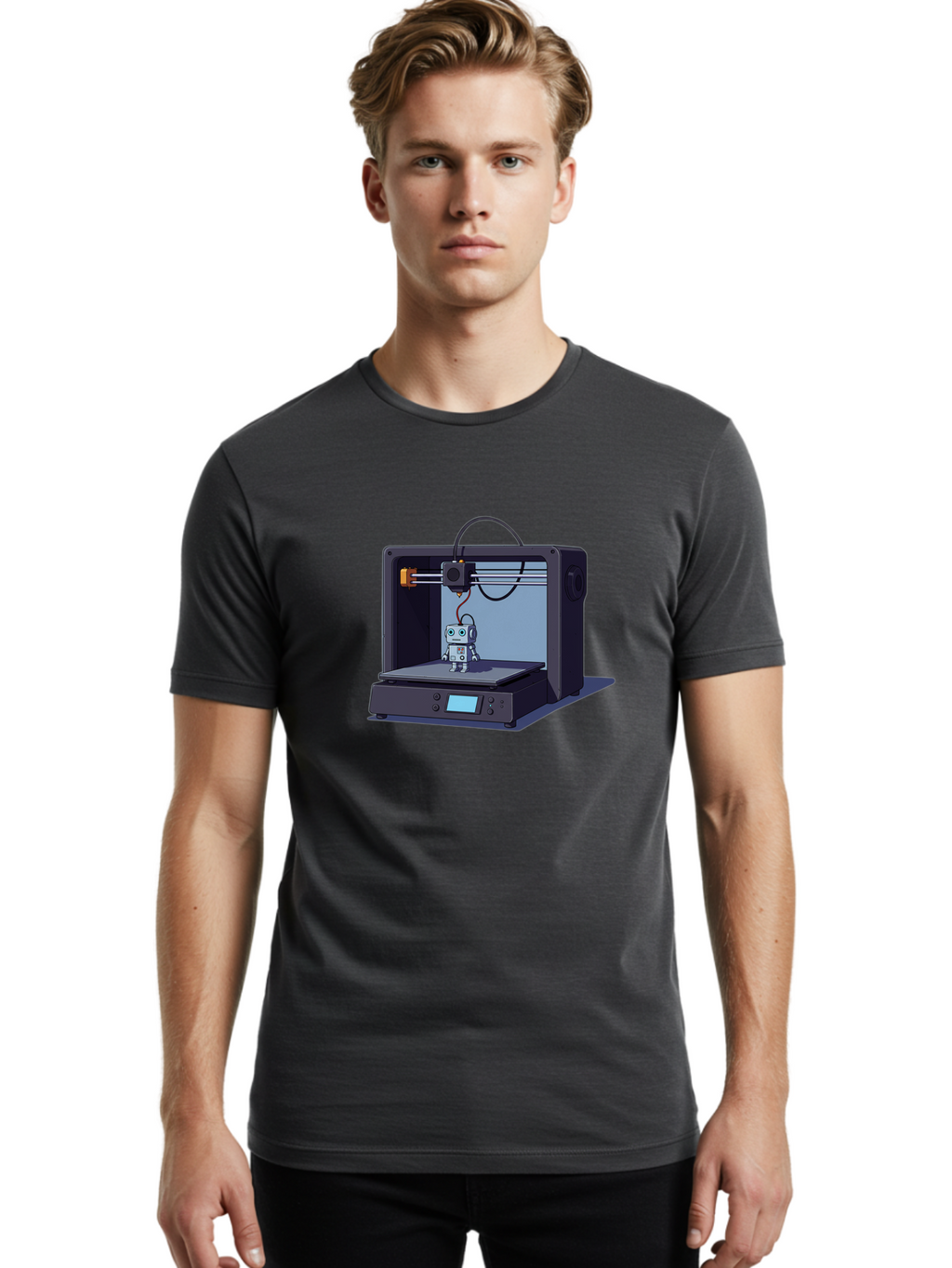 3D-Printer-Robot Men'S Graphic Tee, 100% Cotton, Comfortable Casual Summer Wear, Machine Washable, 3D Printing Technology, Robot Figurine, Digital Fabrication, Additive Manufacturing, Futuristic Design, Robotic Innovation, Modern Machinery Baa048