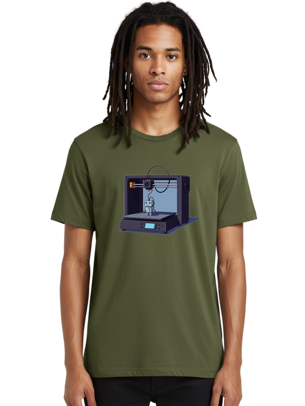 3D-Printer-Robot Men'S Graphic Tee, 100% Cotton, Comfortable Casual Summer Wear, Machine Washable, 3D Printing Technology, Robot Figurine, Digital Fabrication, Additive Manufacturing, Futuristic Design, Robotic Innovation, Modern Machinery Baa048