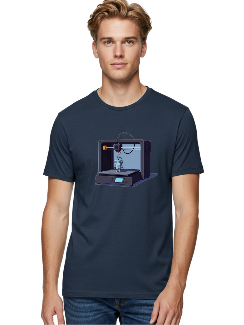 3D-Printer-Robot Men'S Graphic Tee, 100% Cotton, Comfortable Casual Summer Wear, Machine Washable, 3D Printing Technology, Robot Figurine, Digital Fabrication, Additive Manufacturing, Futuristic Design, Robotic Innovation, Modern Machinery Baa048