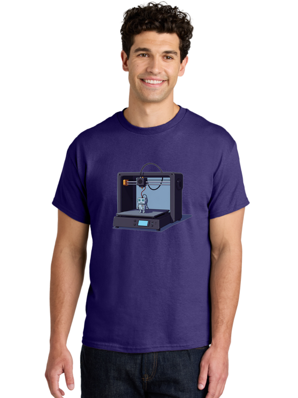 3D-Printer-Robot Men'S Graphic Tee, 100% Cotton, Comfortable Casual Summer Wear, Machine Washable, 3D Printing Technology, Robot Figurine, Digital Fabrication, Additive Manufacturing, Futuristic Design, Robotic Innovation, Modern Machinery Baa048