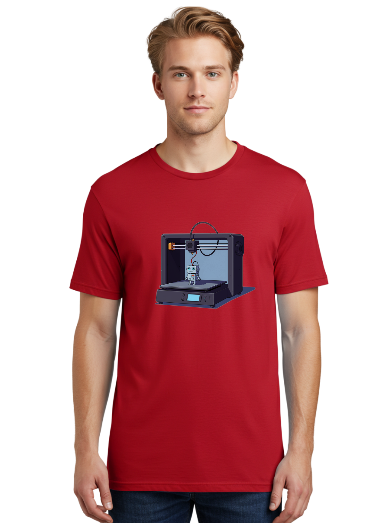 3D-Printer-Robot Men'S Graphic Tee, 100% Cotton, Comfortable Casual Summer Wear, Machine Washable, 3D Printing Technology, Robot Figurine, Digital Fabrication, Additive Manufacturing, Futuristic Design, Robotic Innovation, Modern Machinery Baa048