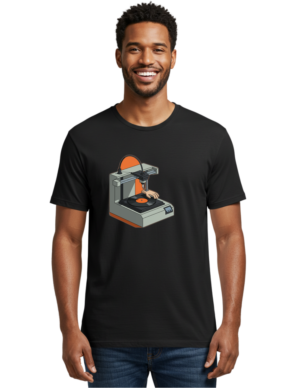 3D-Printer-Vinyl-Record Men'S Graphic Tee, 100% Cotton, Comfortable Casual Summer Wear, Machine Washable, 3D Printing Technology, Vinyl Record Production, Innovative Manufacturing, Creative Design, Futuristic Machinery, Digital Fabrication, Baa049