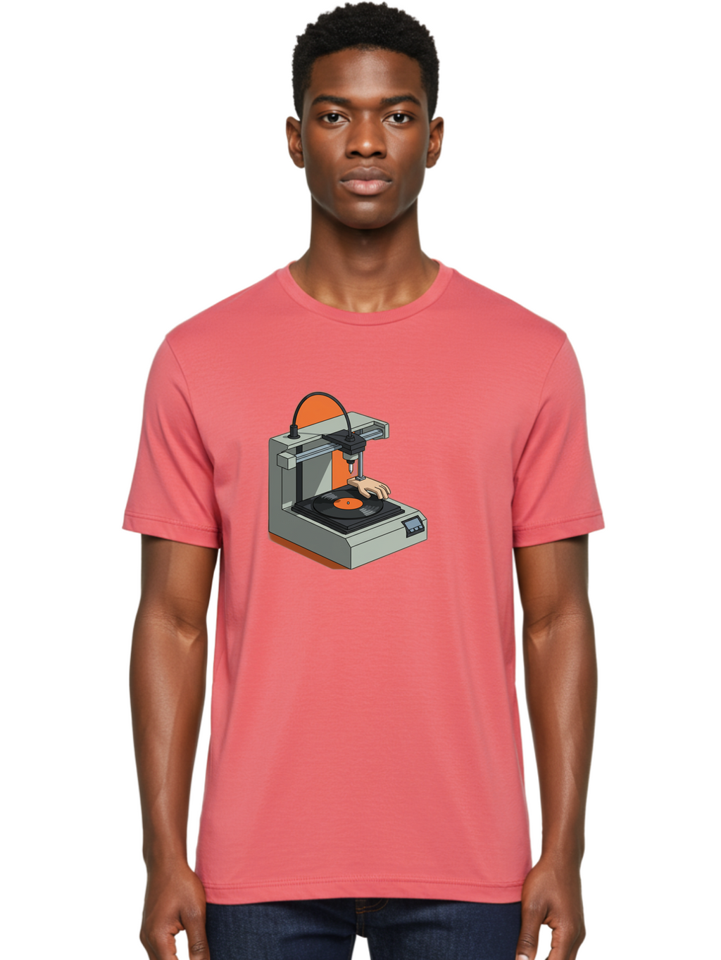 3D-Printer-Vinyl-Record Men'S Graphic Tee, 100% Cotton, Comfortable Casual Summer Wear, Machine Washable, 3D Printing Technology, Vinyl Record Production, Innovative Manufacturing, Creative Design, Futuristic Machinery, Digital Fabrication, Baa049