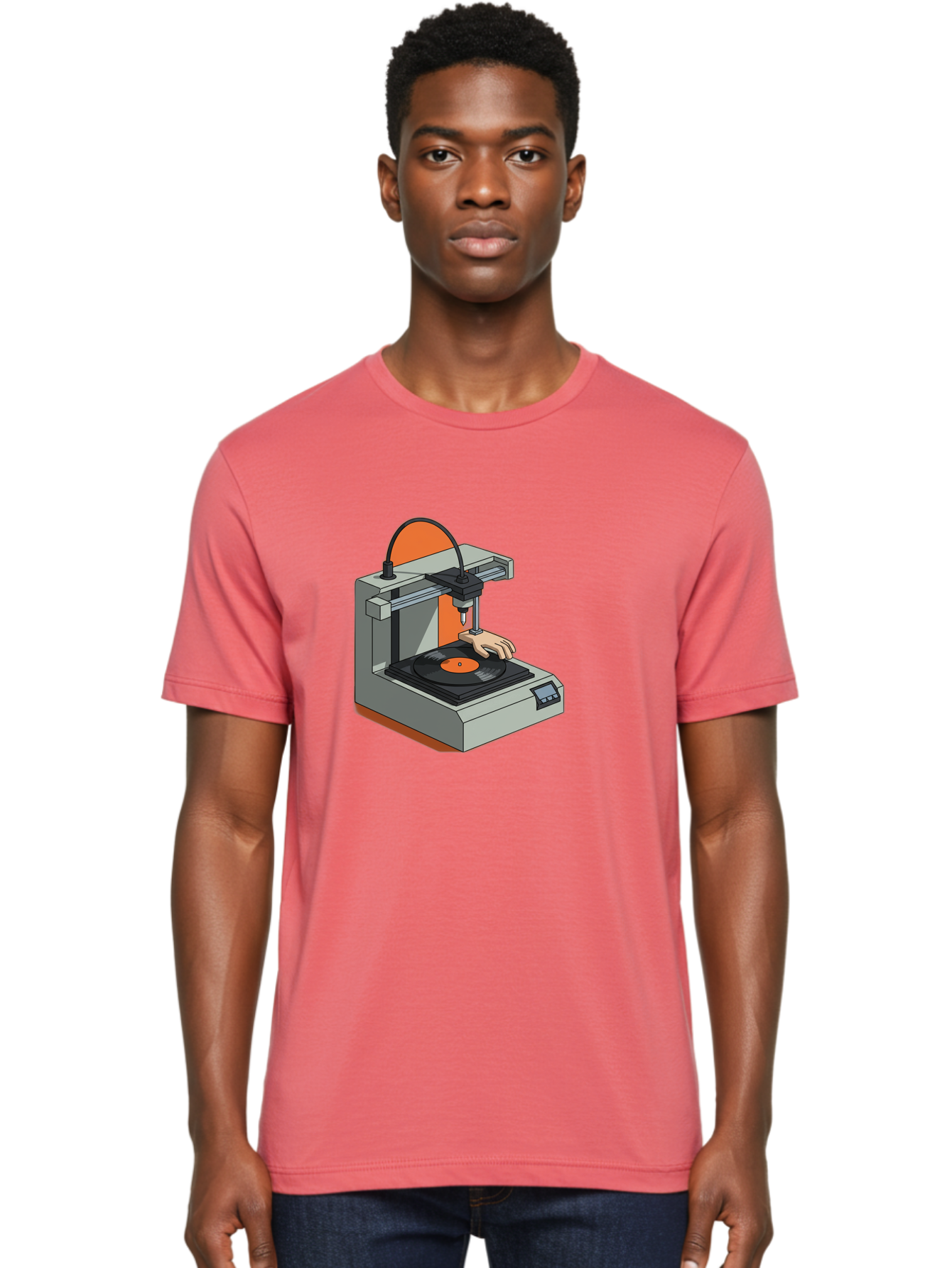 3D-Printer-Vinyl-Record Men'S Graphic Tee, 100% Cotton, Comfortable Casual Summer Wear, Machine Washable, 3D Printing Technology, Vinyl Record Production, Innovative Manufacturing, Creative Design, Futuristic Machinery, Digital Fabrication, Baa049