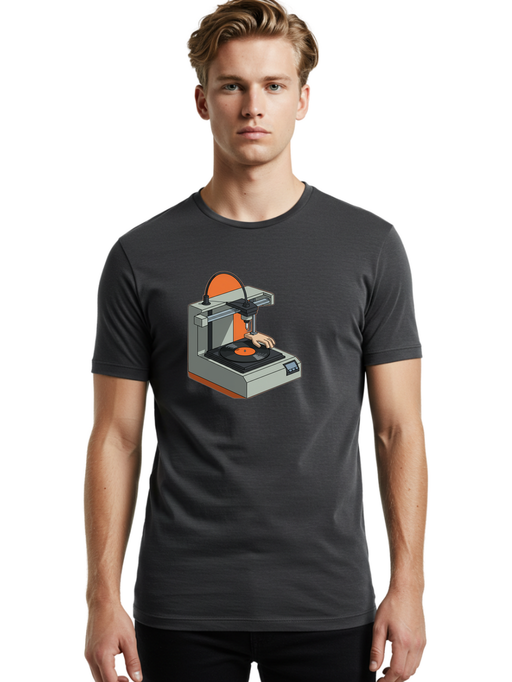 3D-Printer-Vinyl-Record Men'S Graphic Tee, 100% Cotton, Comfortable Casual Summer Wear, Machine Washable, 3D Printing Technology, Vinyl Record Production, Innovative Manufacturing, Creative Design, Futuristic Machinery, Digital Fabrication, Baa049