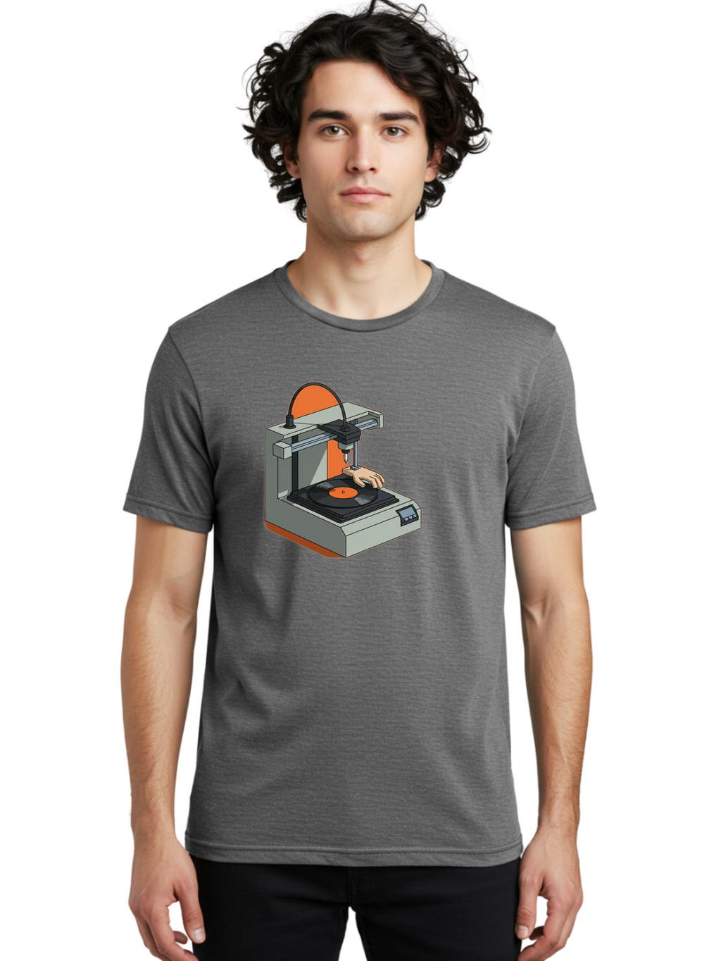 3D-Printer-Vinyl-Record Men'S Graphic Tee, 100% Cotton, Comfortable Casual Summer Wear, Machine Washable, 3D Printing Technology, Vinyl Record Production, Innovative Manufacturing, Creative Design, Futuristic Machinery, Digital Fabrication, Baa049