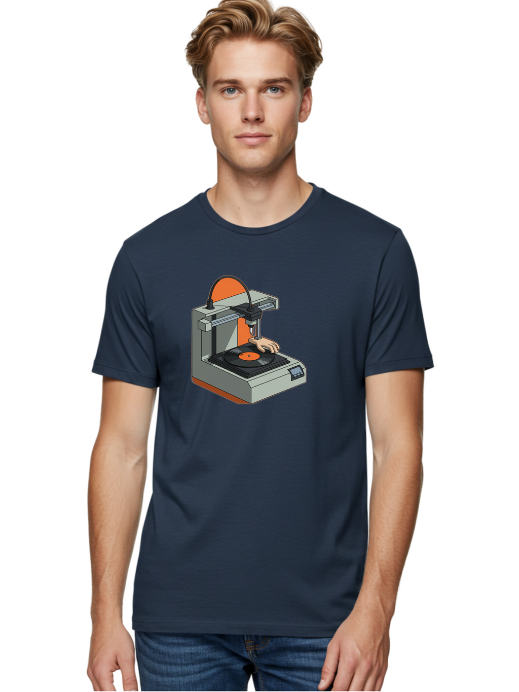 3D-Printer-Vinyl-Record Men'S Graphic Tee, 100% Cotton, Comfortable Casual Summer Wear, Machine Washable, 3D Printing Technology, Vinyl Record Production, Innovative Manufacturing, Creative Design, Futuristic Machinery, Digital Fabrication, Baa049