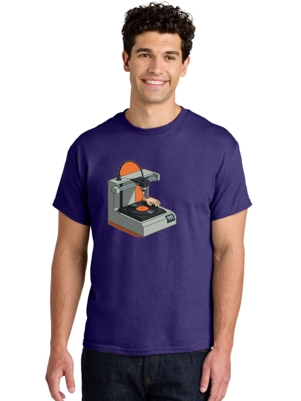 3D-Printer-Vinyl-Record Men'S Graphic Tee, 100% Cotton, Comfortable Casual Summer Wear, Machine Washable, 3D Printing Technology, Vinyl Record Production, Innovative Manufacturing, Creative Design, Futuristic Machinery, Digital Fabrication, Baa049