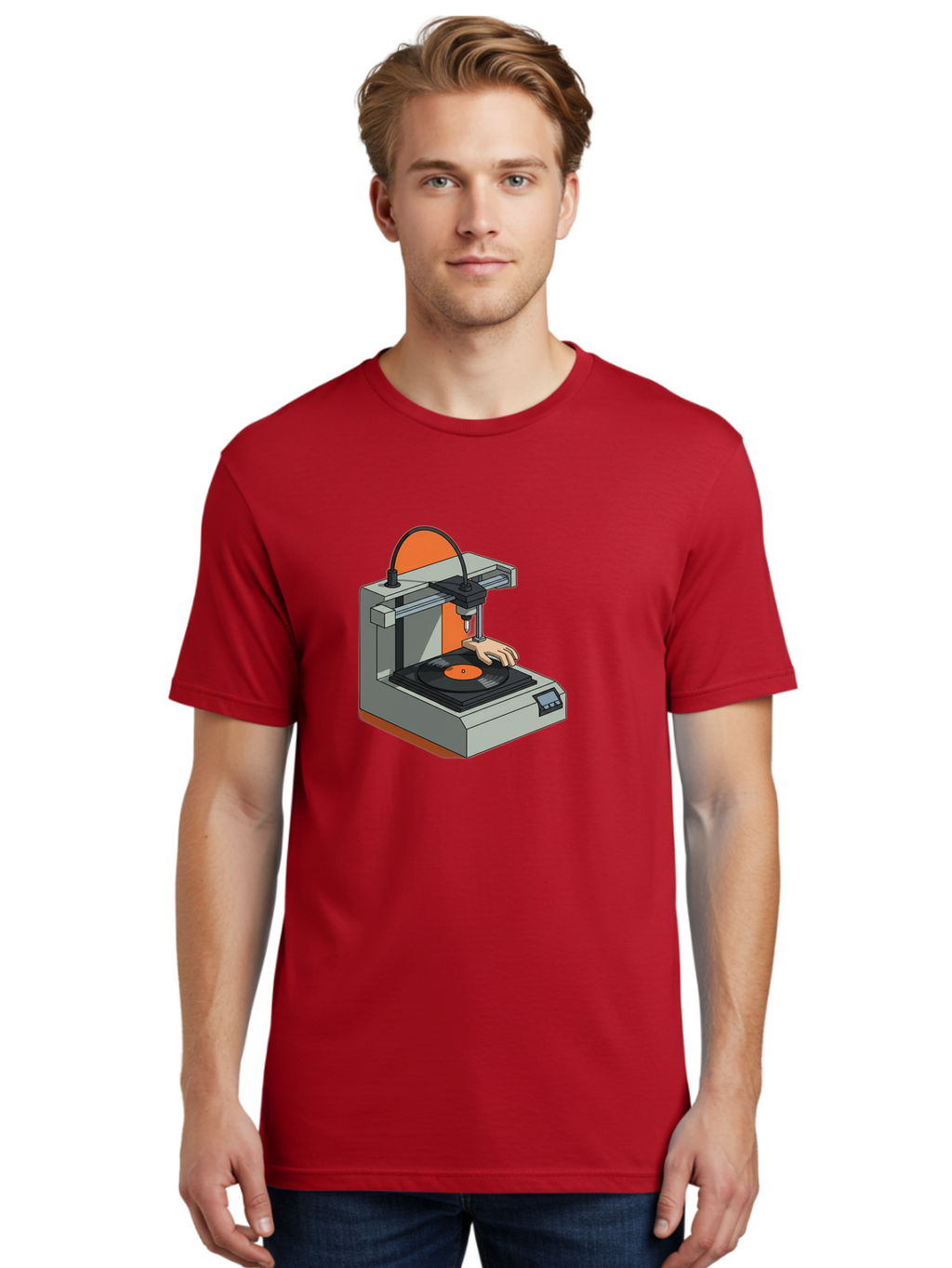 3D-Printer-Vinyl-Record Men'S Graphic Tee, 100% Cotton, Comfortable Casual Summer Wear, Machine Washable, 3D Printing Technology, Vinyl Record Production, Innovative Manufacturing, Creative Design, Futuristic Machinery, Digital Fabrication, Baa049